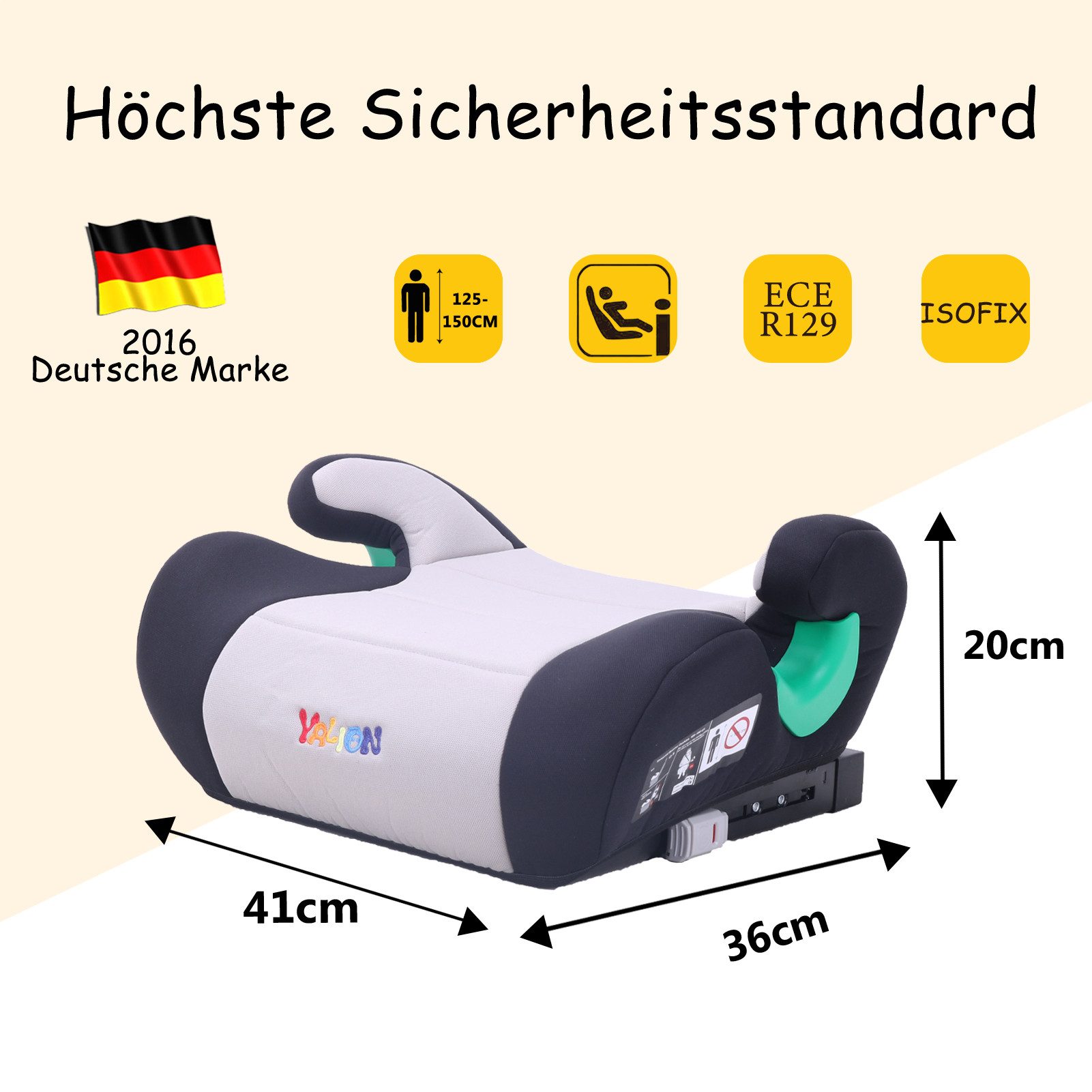 Yalion Kindersitzerhöhung YALION Kindersitzerhöhung mit ISOFIX ECE R129 (i-Size) für Kinder, ab: ca.6Jahren, bis: 10Jahren, (3-Punkt-Gurt), i-Size Sitzerhöhungen Auto Kinder, Grau
