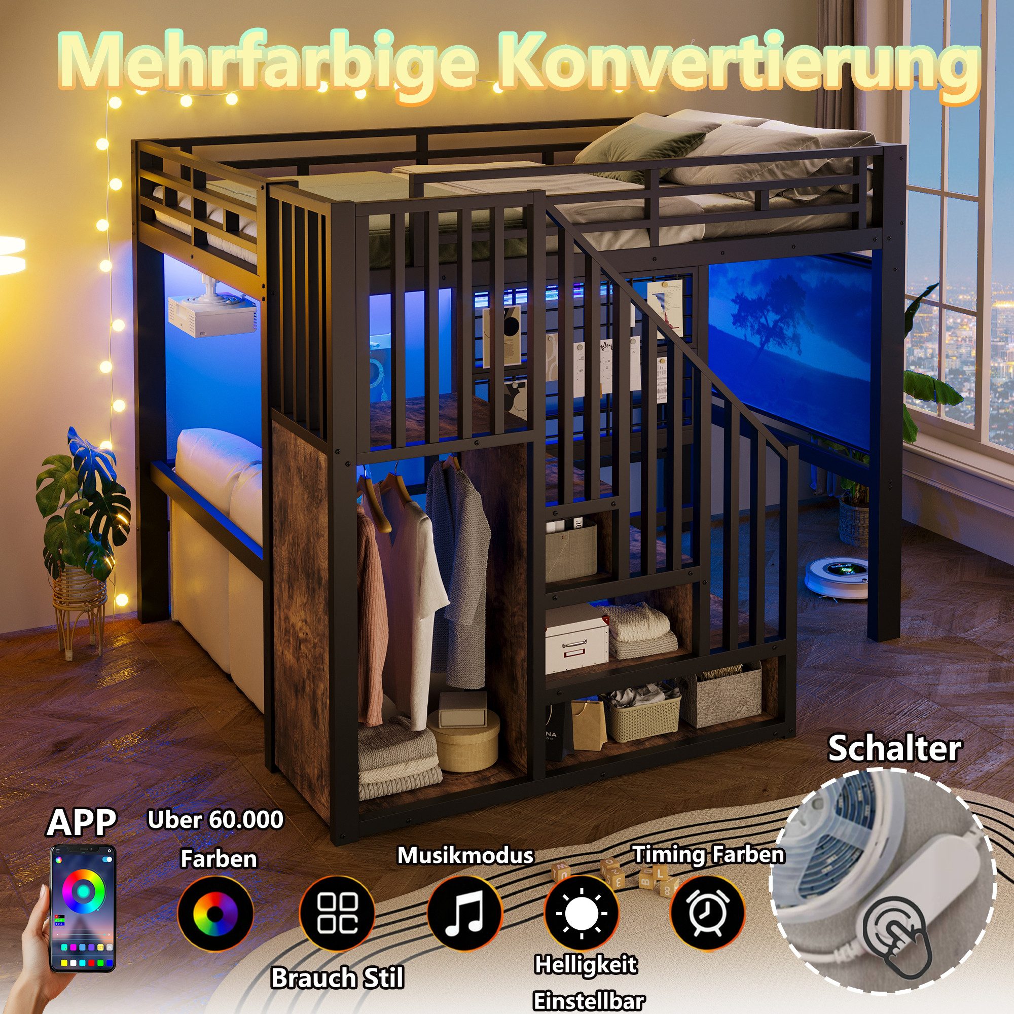 Flieks Hochbett projektoraufhängbar Metallbett 140x200cm mit Lichtstreife, Gitter und Stauraumtreppe