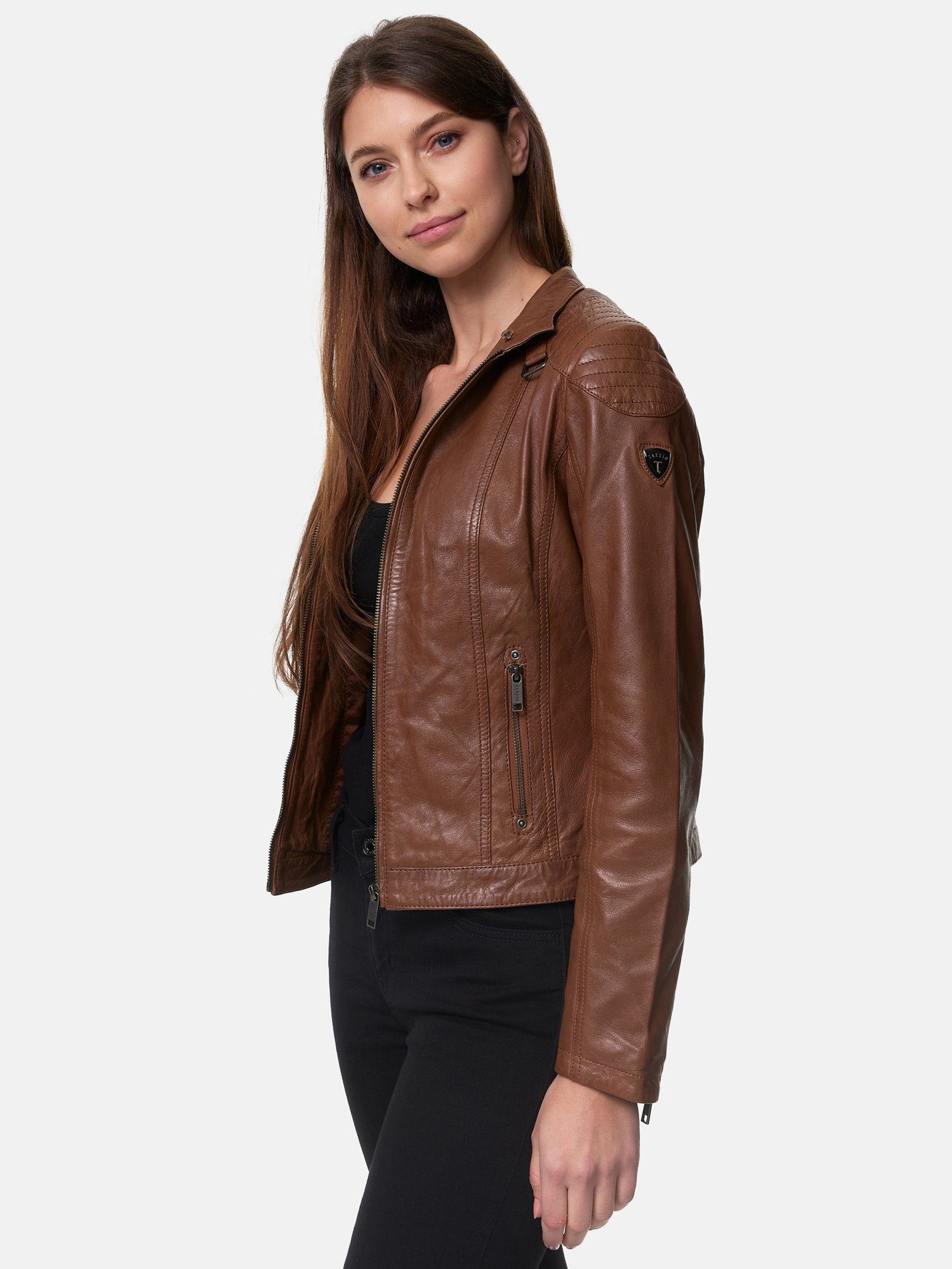 Damen F503 Biker abnehmbarer Lederjacke Tazzio Jacke im Kapuze mit Leder Look camel