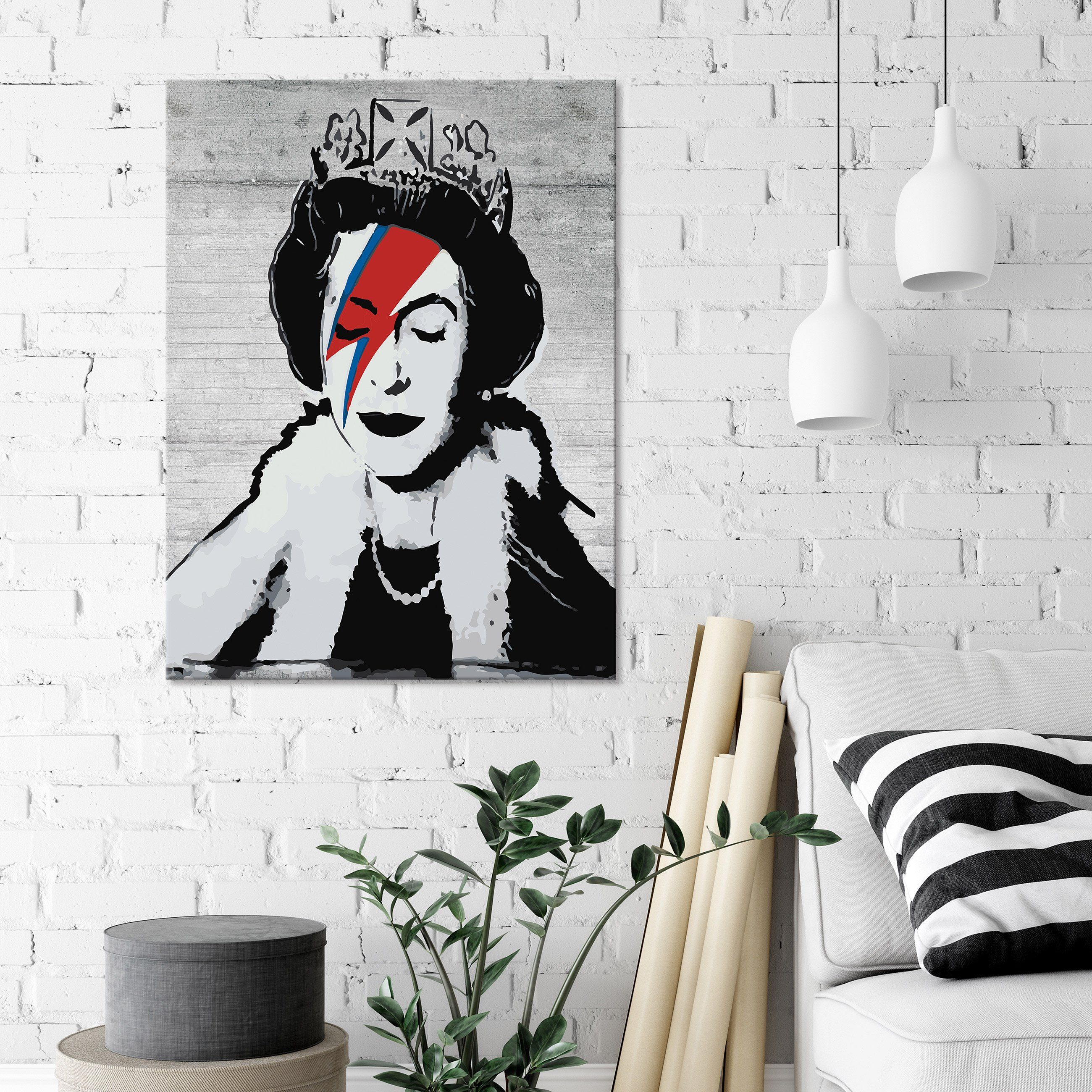 Aufhängefertig Graffiti Groß Canvas Elisabeth Wandbild Kunstdruck für Schlafzimmer, (Einteilig), Bild Bilder Königin Kunst BANKSY Streetart Leinwand Leinwandbilder Modern Wohnzimmer Wallarena XXL Leinwandbild Wandbilder Auf