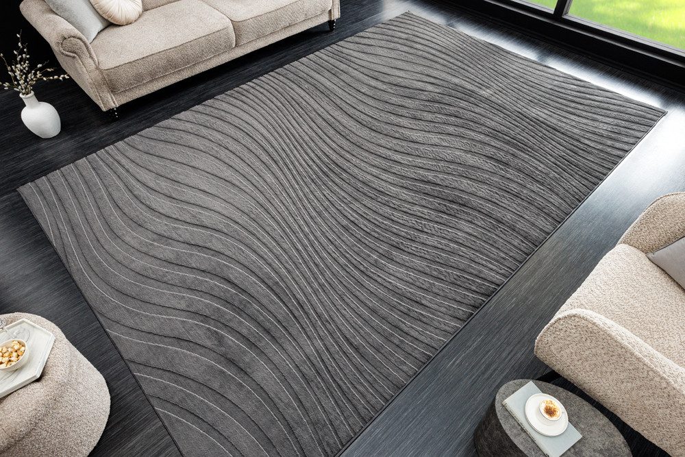 riess-ambiente Designteppich WAVE 350x235cm anthrazit · Kurzflor-Teppich mit Hoch-Tief-Effekt, rechteckig, Höhe: 10 mm, XXL · Wohnzimmer · Indoor · 3D-Effekt · Modern · Schlafzimmer
