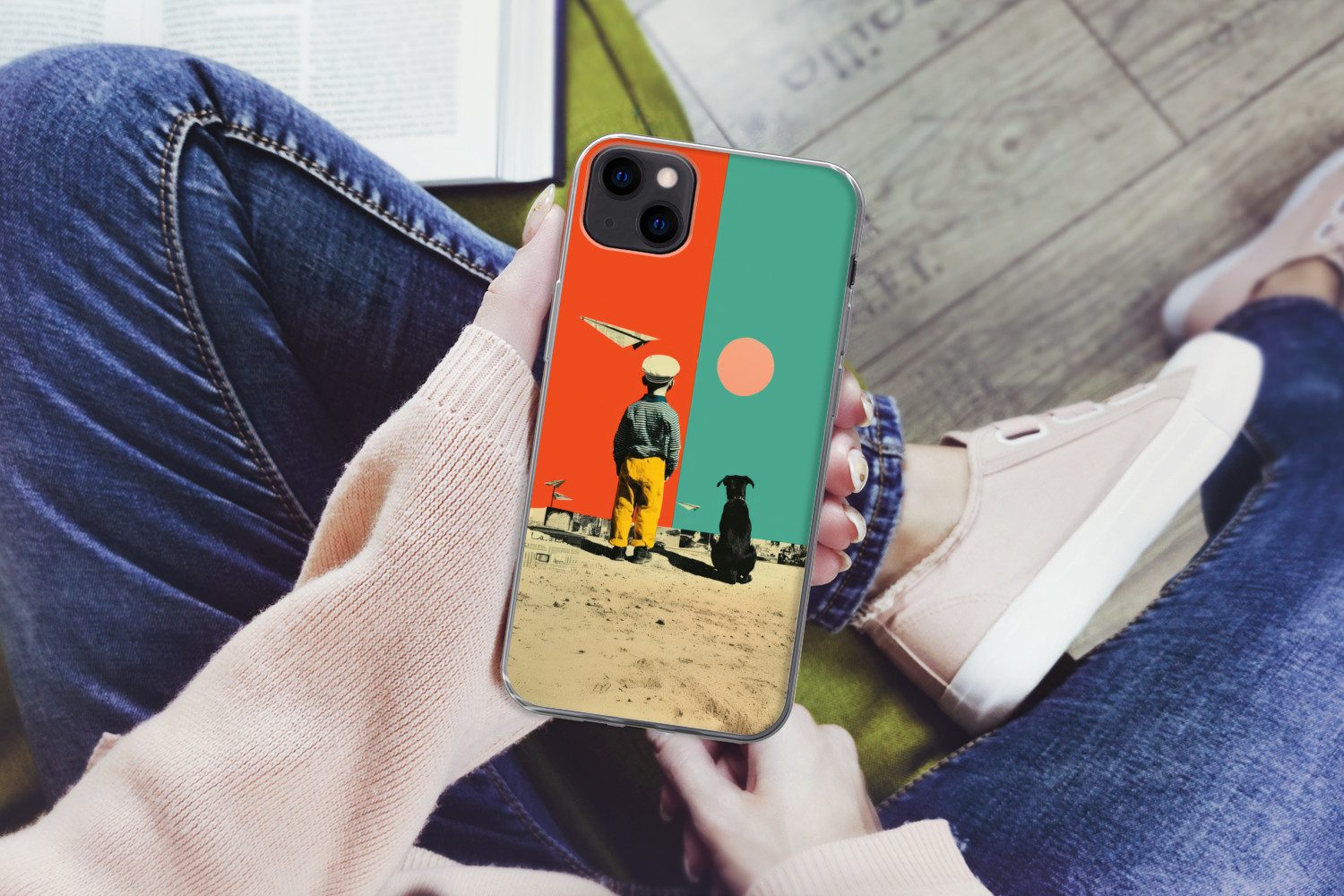 MuchoWow Handyhülle für Apple iPhone 13 mini Retro - Junge - Hund - Rot - Grün, Smartphone-Bumper, Print, Handy Schutzhülle Dünn