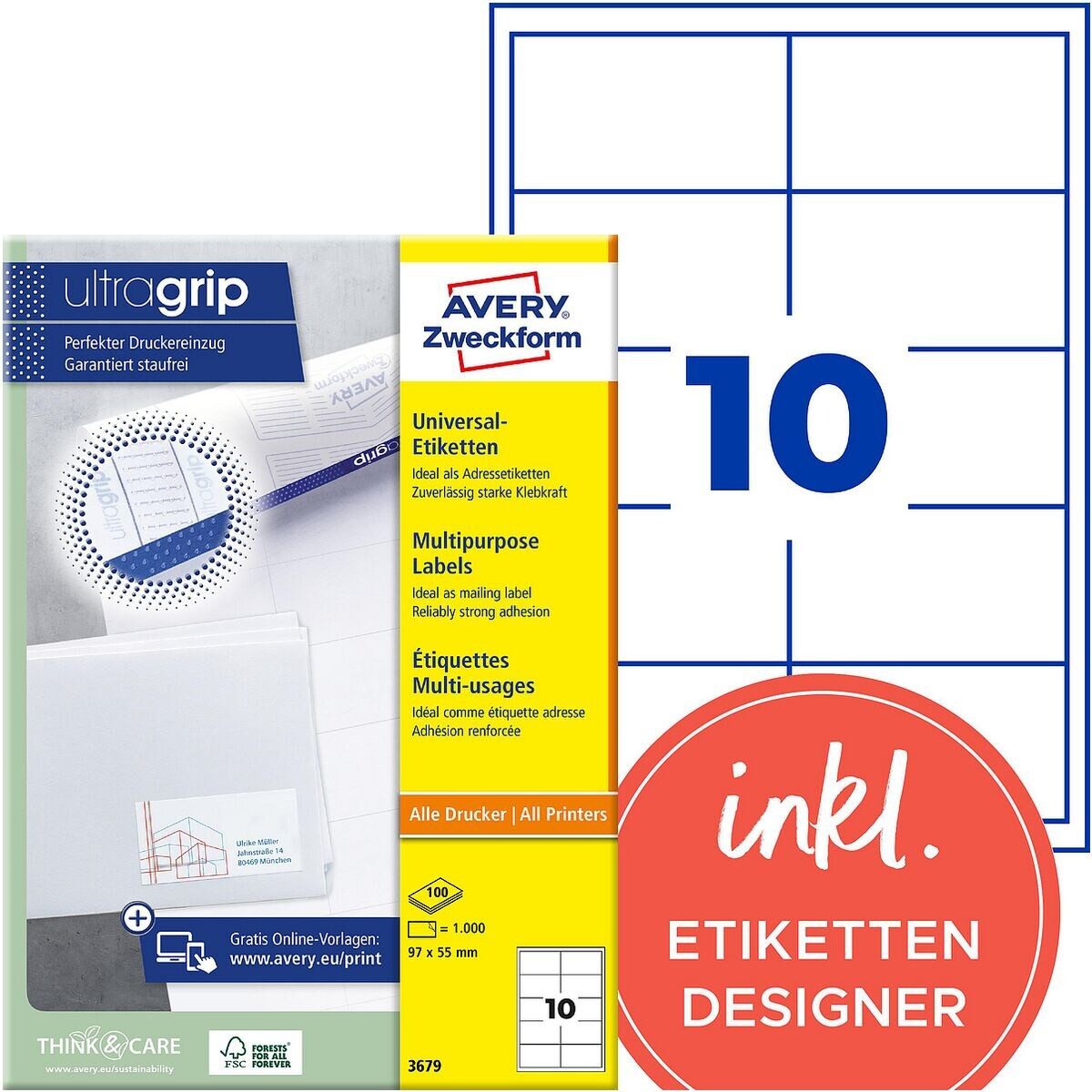 Avery Zweckform Etiketten 3679, 1000 Stück, Universal (97x55 mm), selbstklebend, mit Abziehhilfe