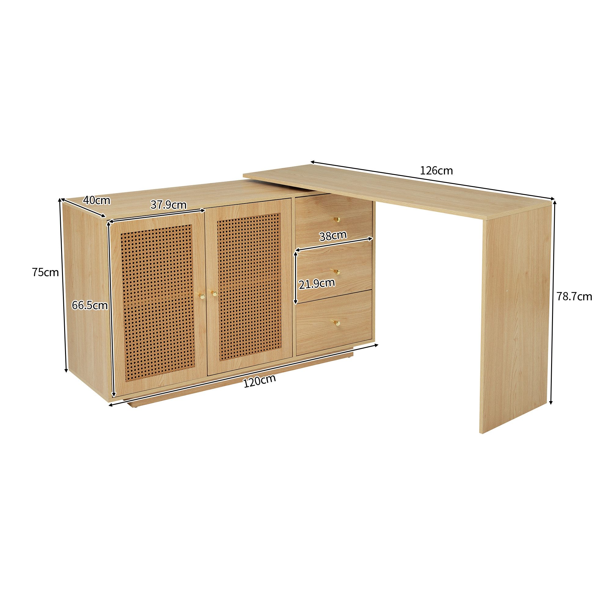 HAUSS SPOLE Schreibtisch 360°Sideboard Eckschreibtisch mit höhenverstellbaren Einlegeböden (L-förmiger Schreibtisch mit 360° Schwenkfunktion und Rattan-Türen, Arbeitszimmer, Frisiertisch, Stauraum mit verstellbaren Einlegeböden, Platzsparend, 126 x 60 x 75 cm)