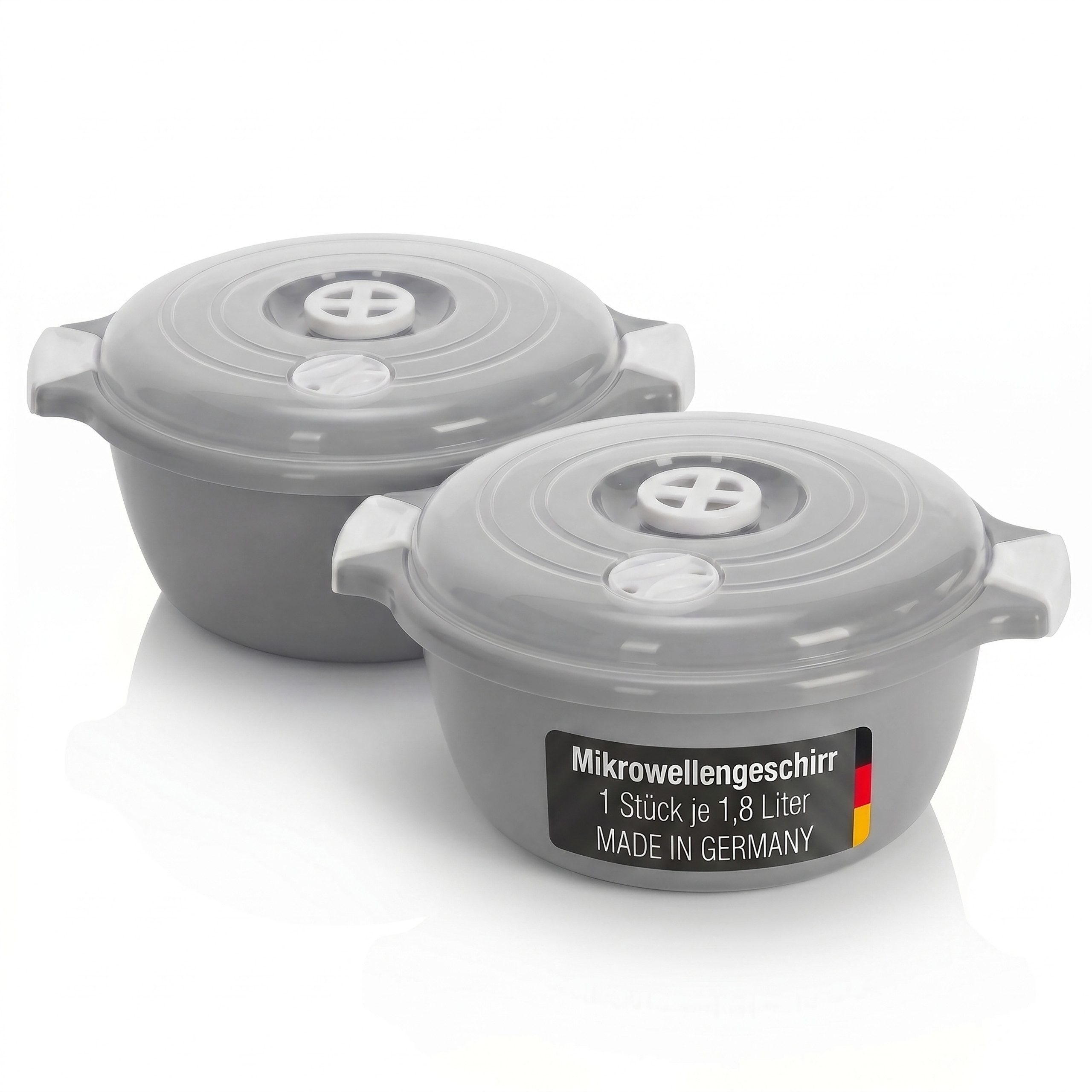 Lantelme Mikrowellenbehälter Mikrowellengeschirr Grau Mikrowellenschüssel mit Dampfventil, (2-tlg., 2 Stück Set Mikrowellenschüssel Volumen 1,8 Liter Volumen), mit Deckel und Dampfventil, Deutsche Herstellung
