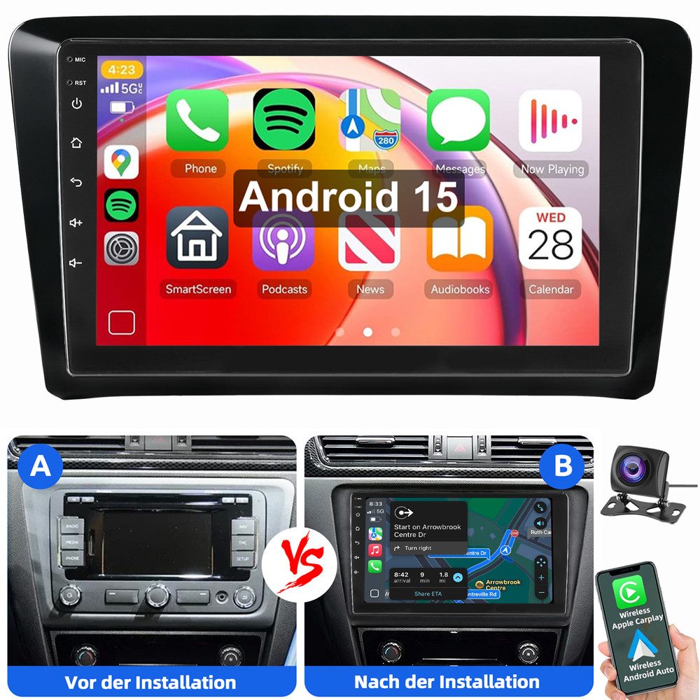 ESSGOO Für Skoda Rapid Spaceback Android 15 Carplay GPS Navi WIFI Autoradio (RDS, Digitalradio (DAB), FM, AM, Carplay Android Auto SWC WIFI BT)