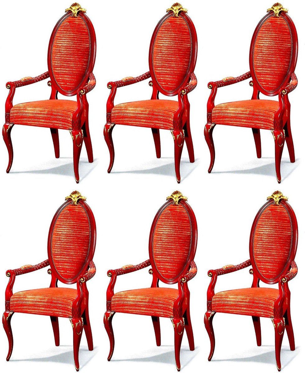 Barock Set Luxus Esszimmer 6er Italy Prunkvolles Rot - Luxus Möbel - Esszimmer mit Made Casa Esszimmerstuhl Set - Armlehnen Barock Stühle Barock Gold - Padrino Qualität Esszimmerstuhl / in