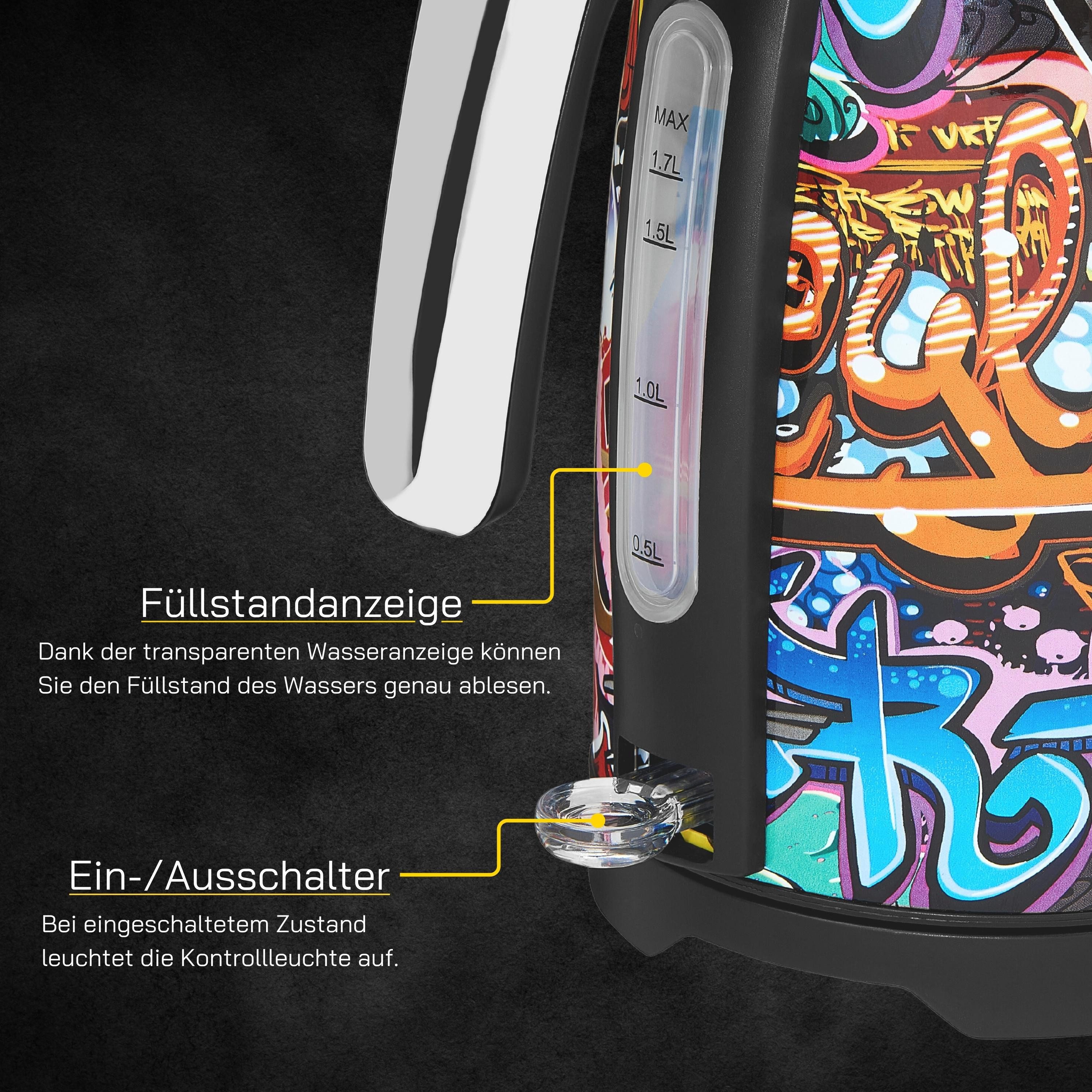 Gutfels Wasserkocher WATER 3010 G, 1,7 l, 2200 W, 1,7 L, 2200 Watt, Graffitti-Style