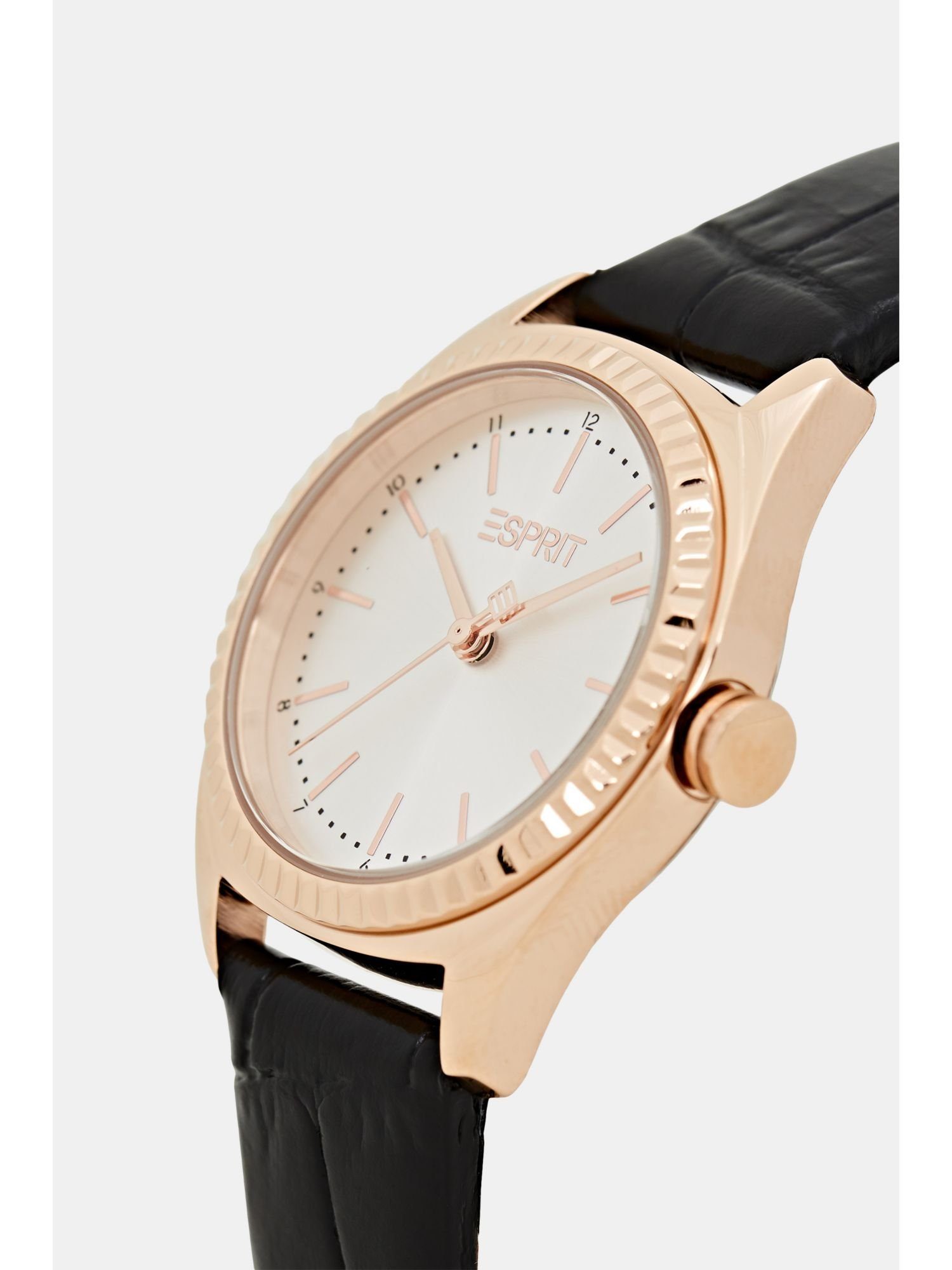 Damen Uhren Esprit Quarzuhr Edelstahl-Uhr mit strukturiertem Lederarmband