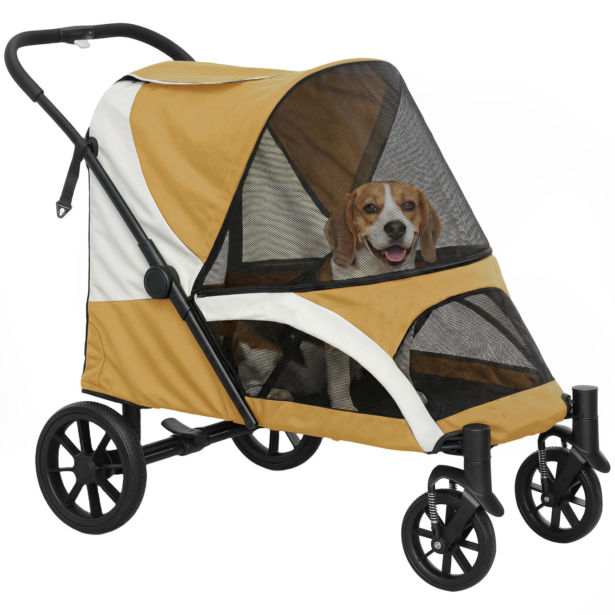 PawHut Hundebuggy klappbar, mit Kissen, Netzfenstern, Türen, Aufbewahrungstasche, (Katzenwagen, 1-tlg), für mittelgroße Hunde & Katzen bis 25 kg, Braun