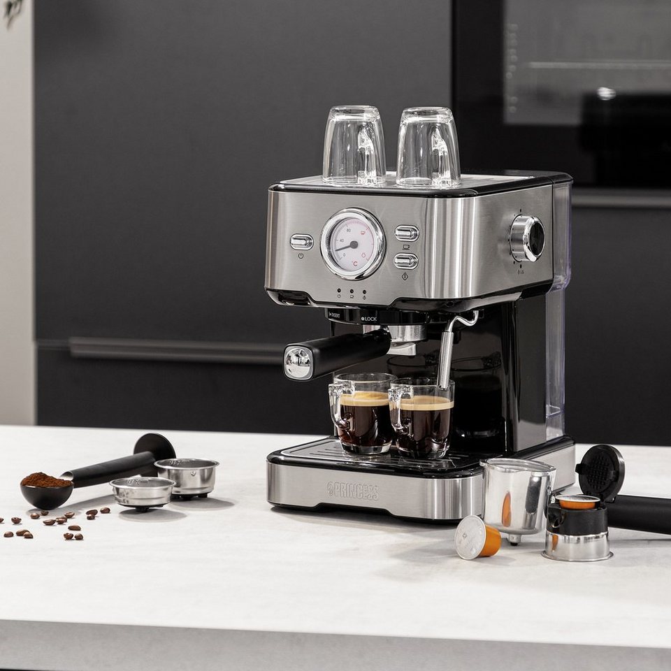PRINCESS Kaffeepadmaschine Princess 249415 Kapselmaschine Silber, Schwarz  mit Milchaufschäumdüse