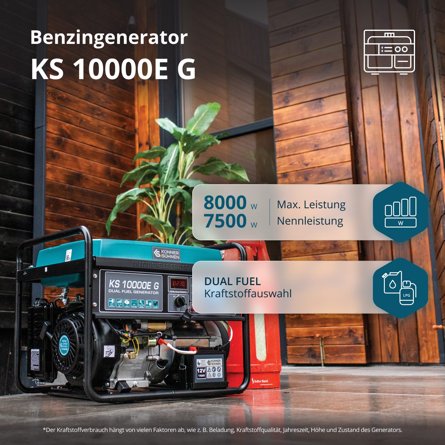 Könner & Söhnen Stromerzeuger KS 10000E G, 8,00 in kW, (1x32A (230V), Generator, E-Start, Automatischer Spannungsregler, 1-tlg., Hybrid Stromerzeuger, 4-Takt, Kupfer,Steckdosen 1x16A (230V), für Haus, Garage oder Werkstatt