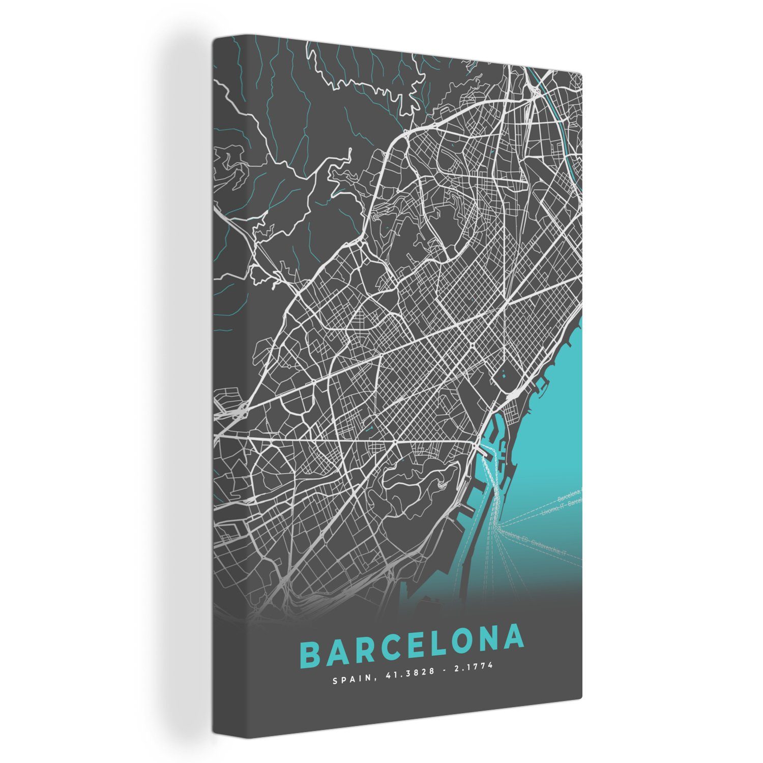 OneMillionCanvasses® Leinwandbild Barcelona - Blau - Karte - Stadtplan, (1 St), Leinwandbild fertig bespannt inkl. Zackenaufhänger, Gemälde, 20x30 cm
