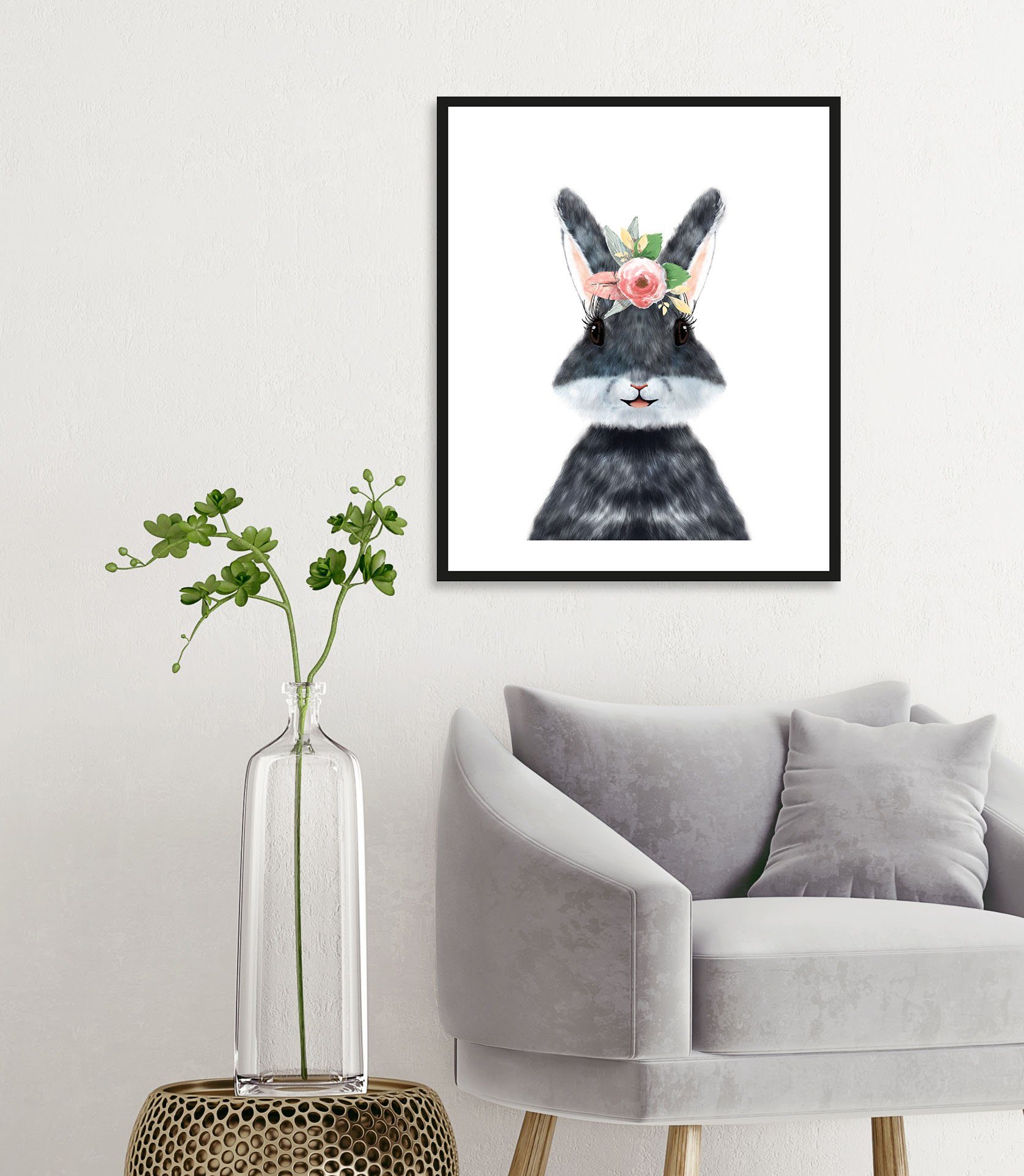 queence Bild Albino, Blumen, Hase, Hasen, Haustiere, Kunst, Ostern (1 St), mit Rahmen, schwarz