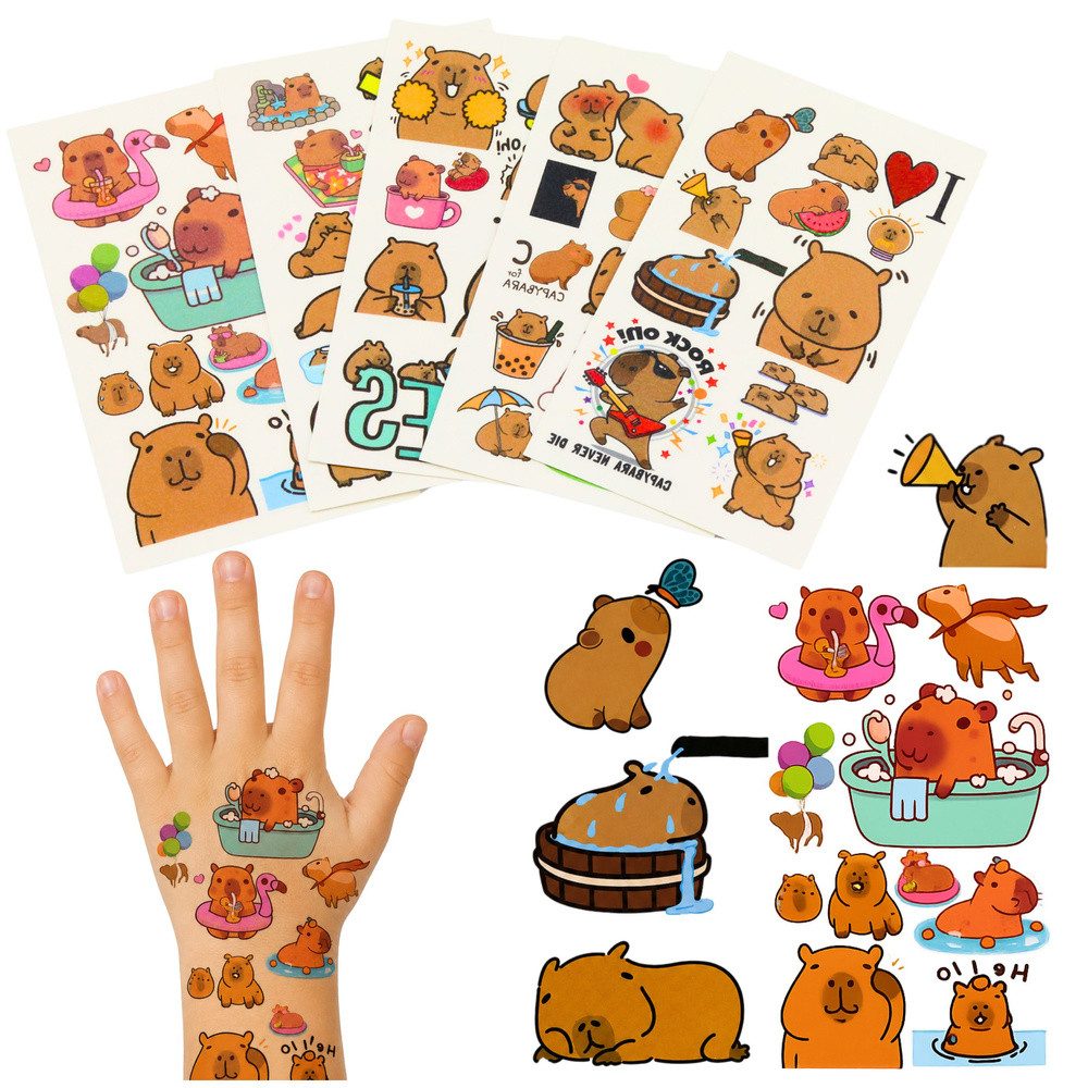 LEAN TOYS Kindertattoo Capybara Abziehtattoos Klebetattoos, 95-tlg., 95 Tattoos bunt, 95 Tattoos, Capybara-Motive, temporär