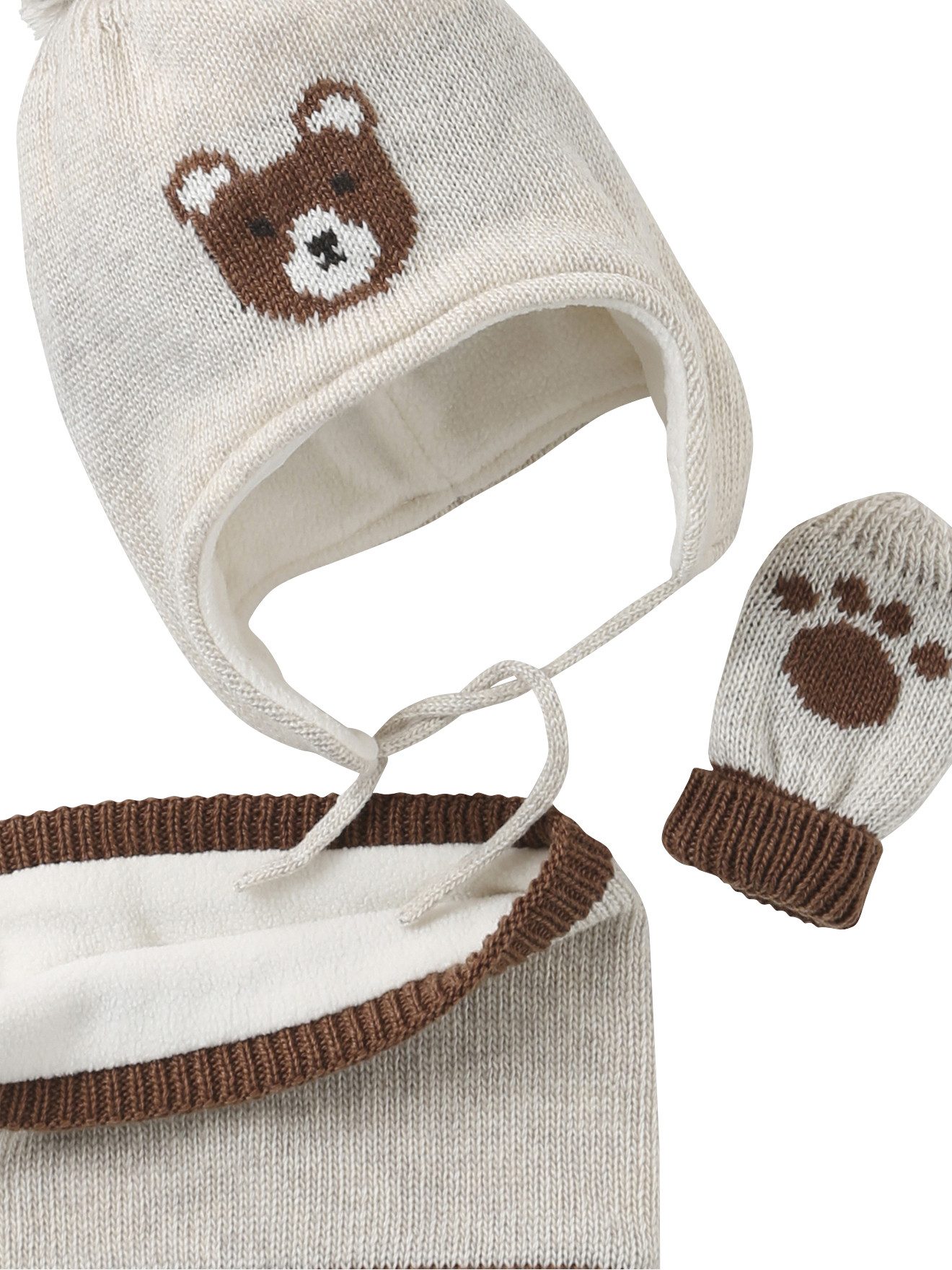 vertbaudet Mütze & Schal Baby Set: Mütze mit Bären, Snood und Fäustlingen – Bild 4 von 5