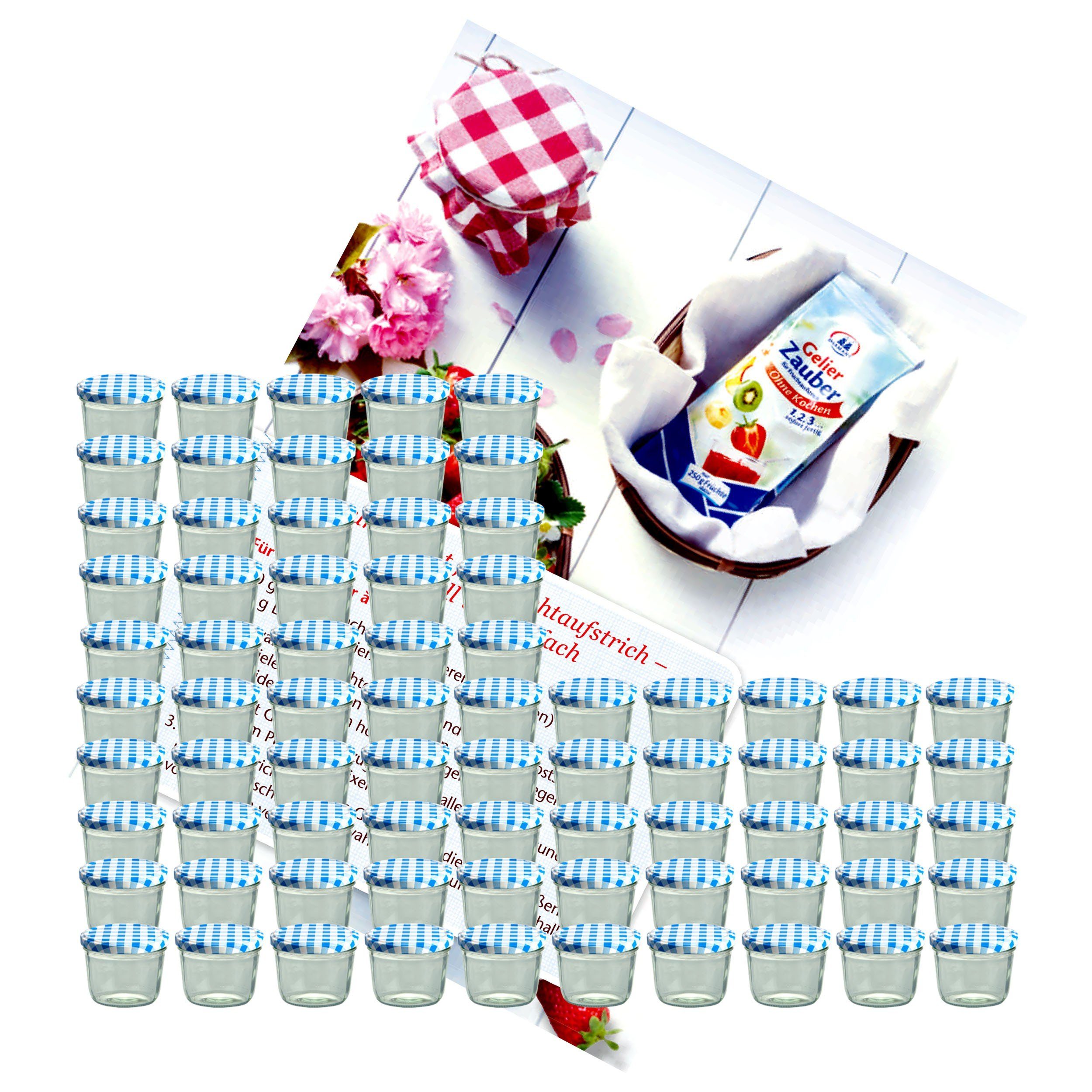 MamboCat Einmachglas 75er Set Sturzglas 230 ml Marmeladenglas To 82 blau karierter Deckel, Glas