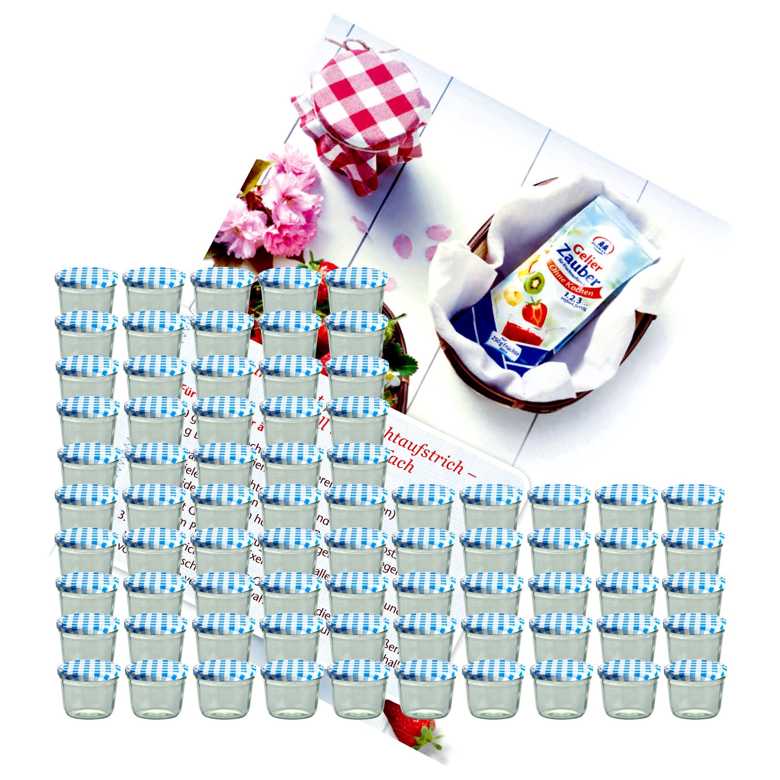 MamboCat Einmachglas 75er Set Sturzglas 230 ml Marmeladenglas Einmachglas Einweckglas To 82 blau karierter Deckel incl. Diamant-Zucker Gelierzauber Rezeptheft