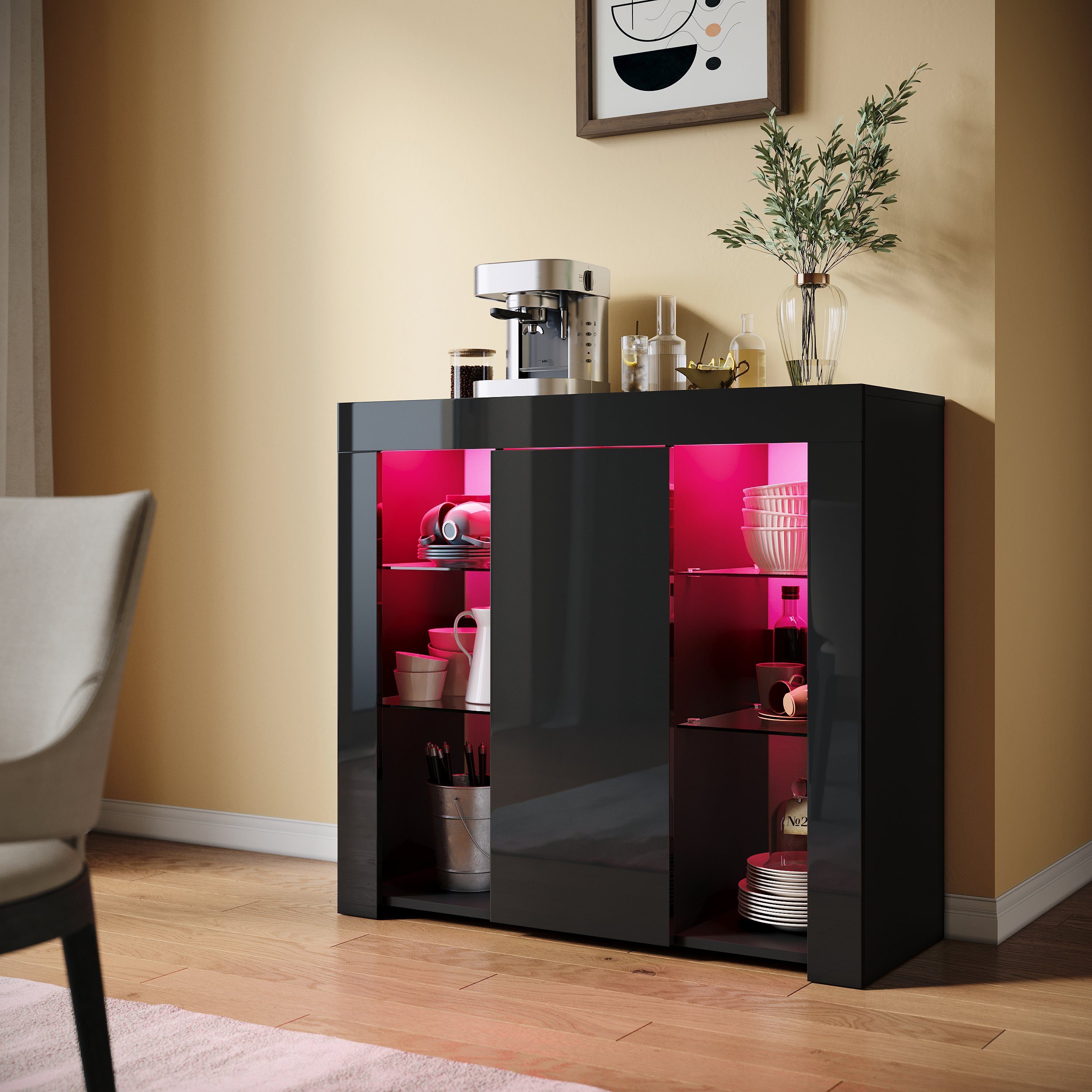 SONNI Sideboard mit LED Beleuchtung 90x35x83cm Weiß/Schwarz Hochglanz, mit Schranktür und 4 glas Einlegeböden – Bild 5 von 5