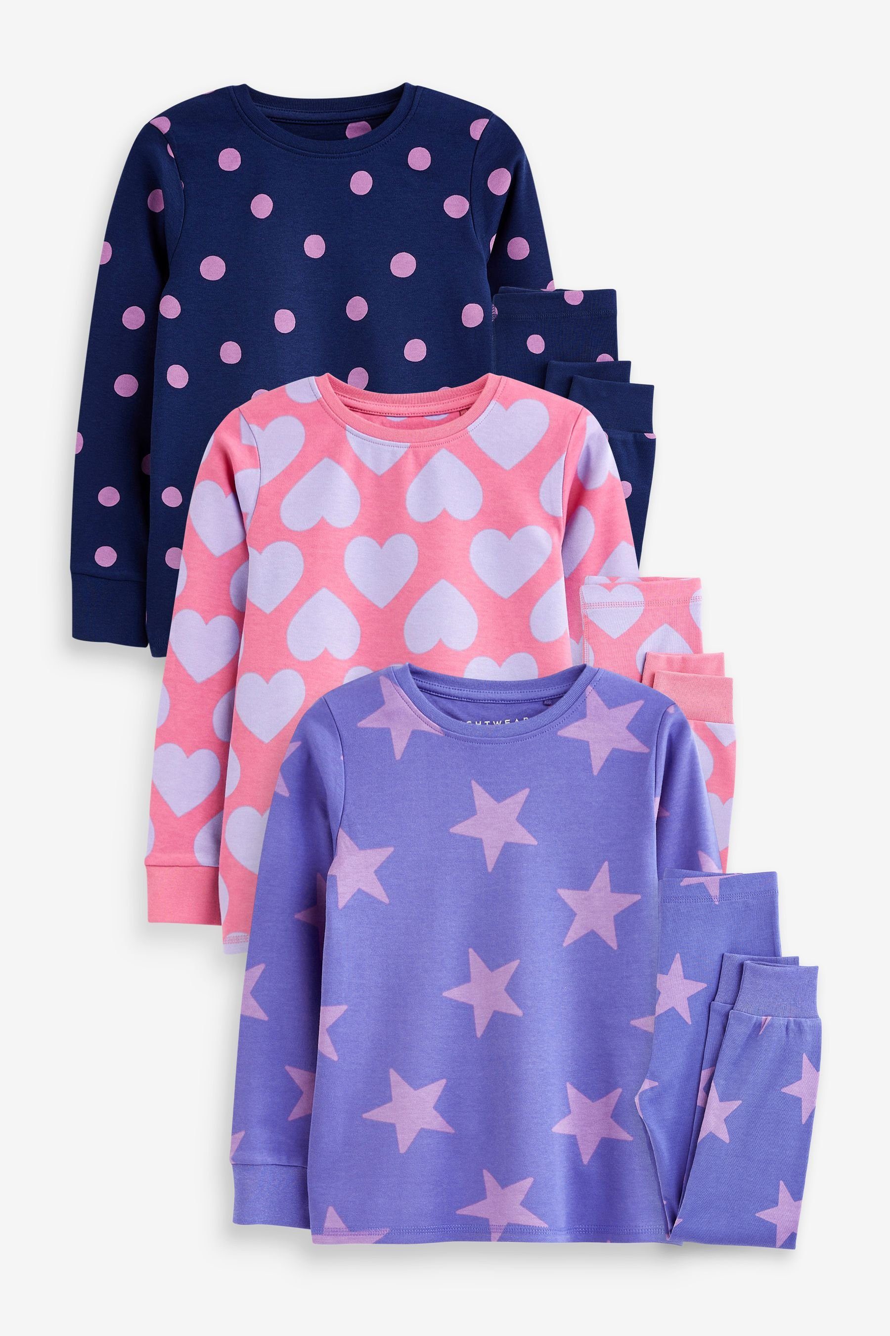 Pink/Purple Pyjama Schlafanzüge Sternen Punkte 3er-Pack (6 Herz-, tlg) mit + Next