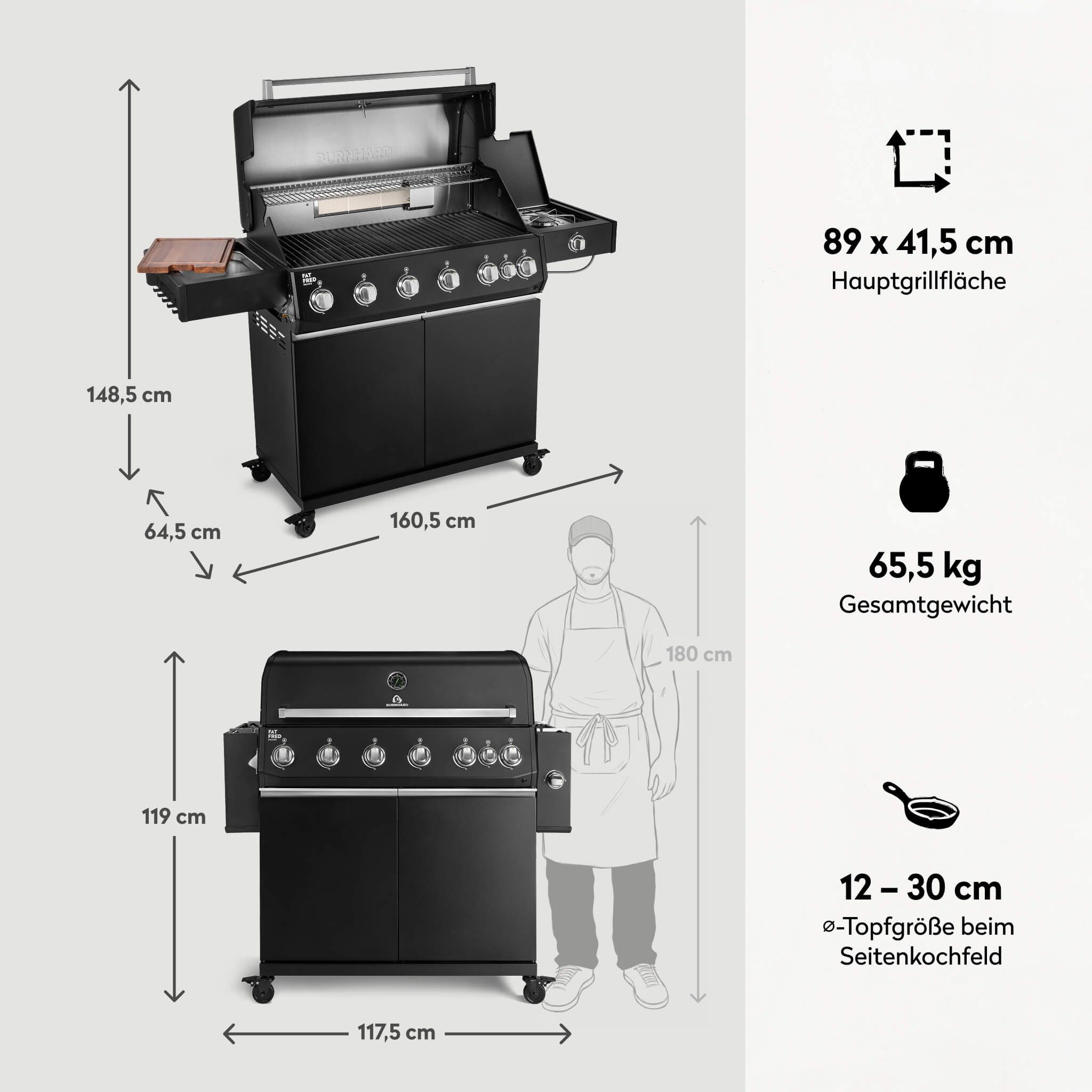 BURNHARD® Gasgrill 6-Brenner, 3,5 kW Edelstahl-Stabbrenner, Infrarot-Keramikbrenner, Heckbrenner, Seitenkochfeld, Gussrost, große Grillfläche, Piezo-Zündung – Fat FRED Deluxe
