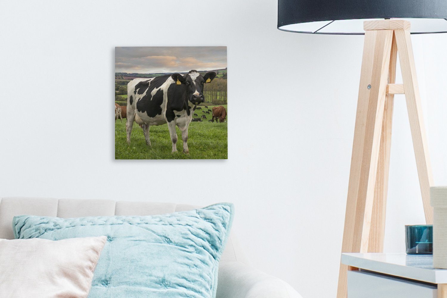 Wohnzimmer (1 OneMillionCanvasses® Leinwandbild Kuh Gras für Bilder Leinwand - - - Tiere, Schlafzimmer bunt St), Berg