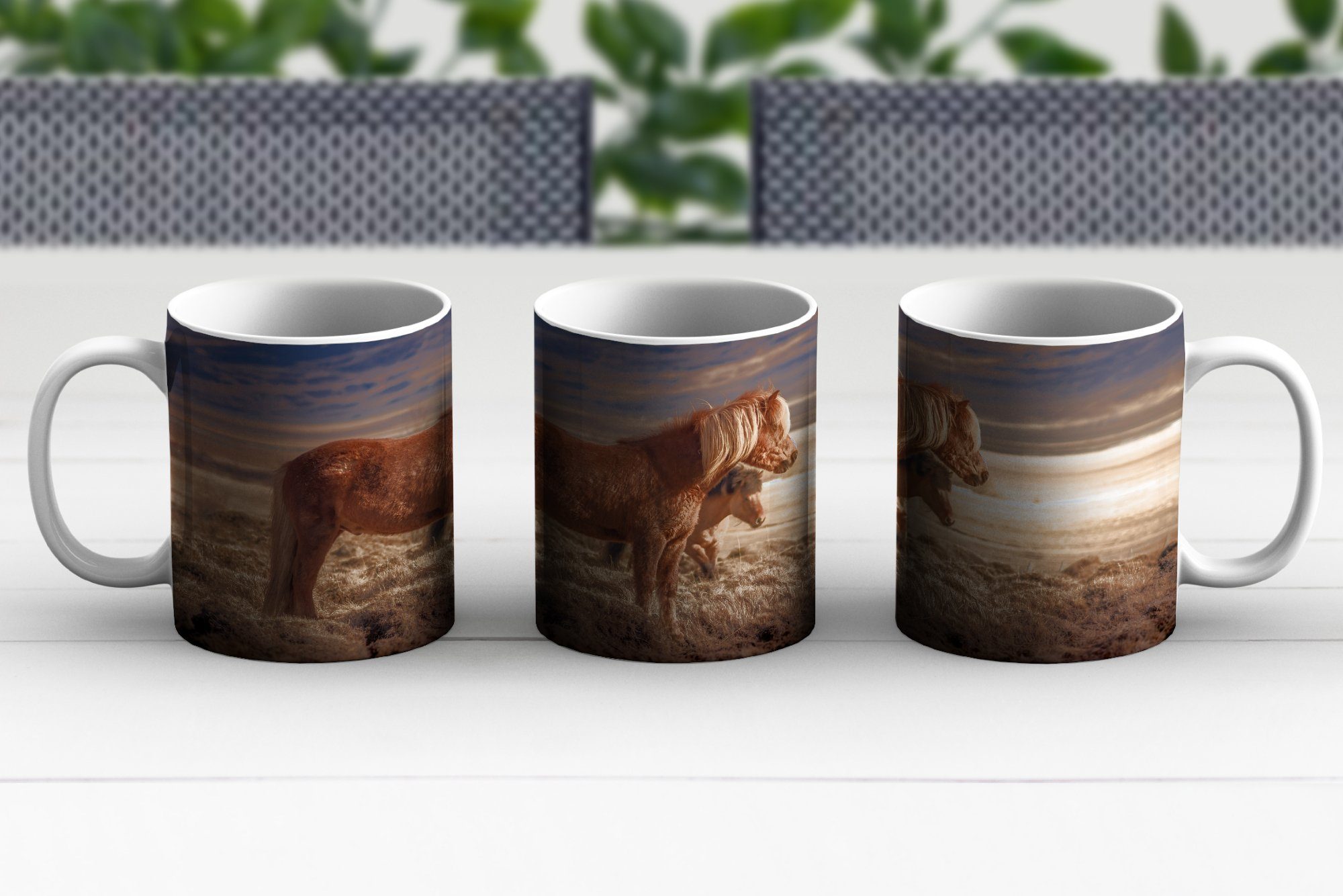 MuchoWow Kaffeetassen, Keramik, Geschenk Zwei Teetasse, bei Becher, Islandpferde Teetasse, Tasse Sonnenuntergang,