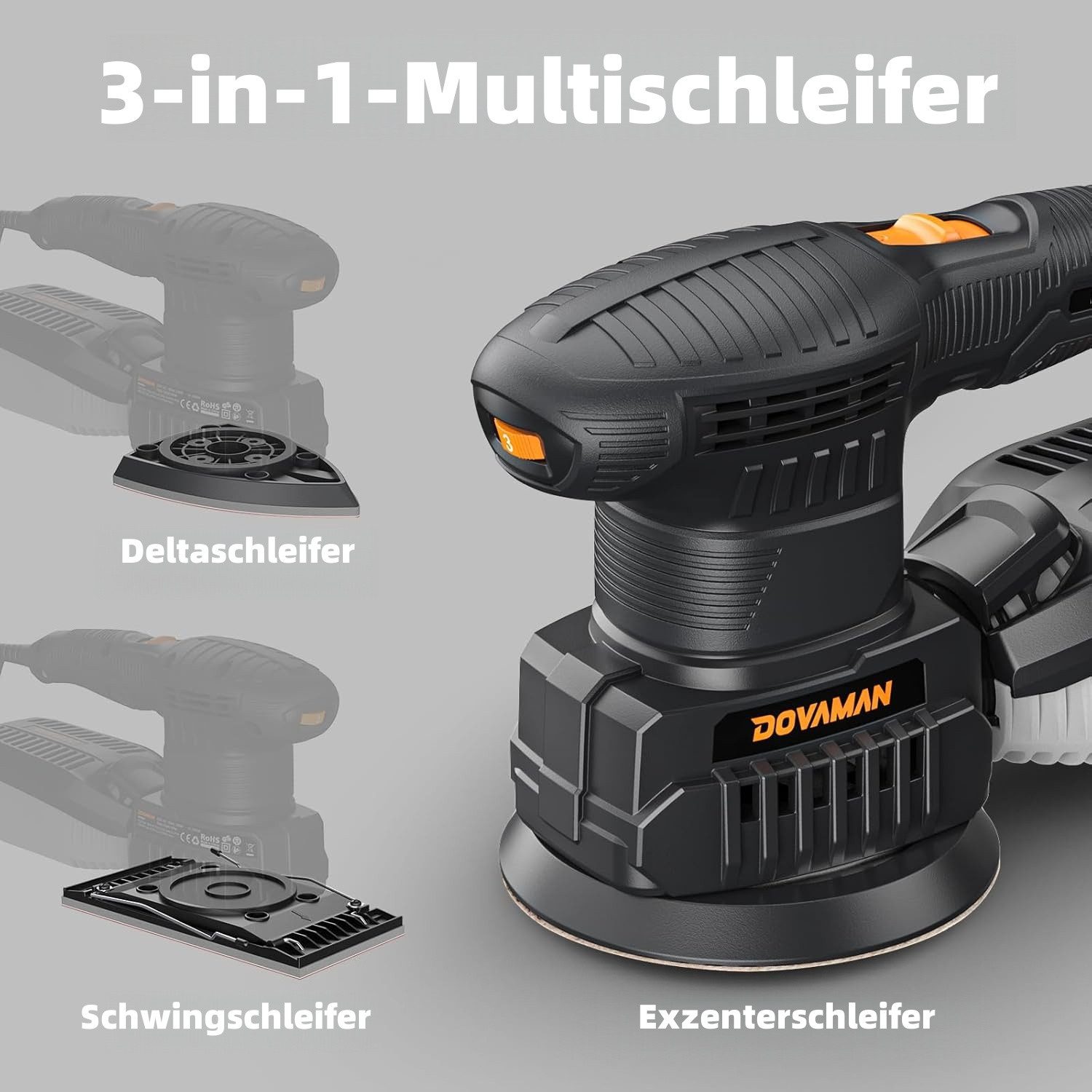 DOVAMAN Multischleifer 3-in-1 Multischleifer 200W mit Staubabsaugung, 6 Stufen, max. 24000 U/min, inkl. 15 Schleifpapiere