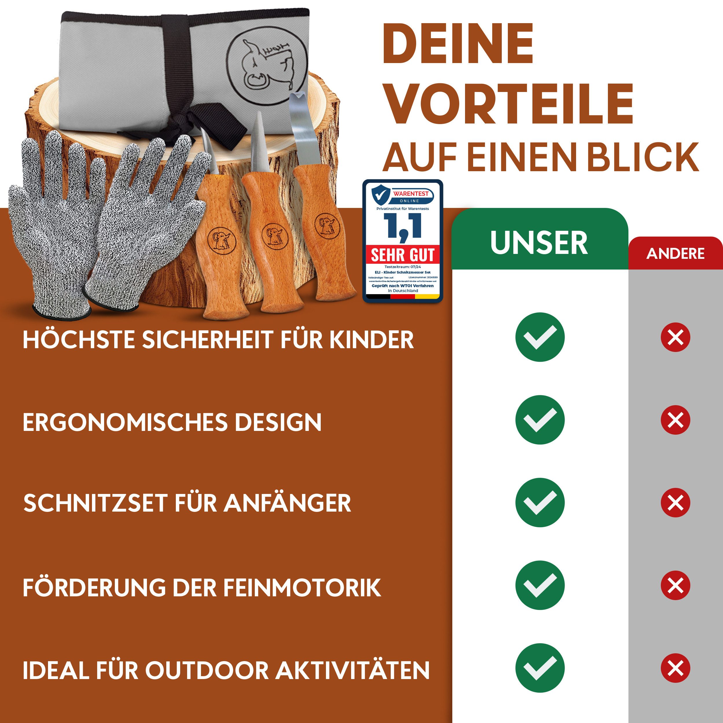 Eli Taschenmesser Schnitzmesser Kinder - Kindermesser - Schnitzset - Kindertaschenmesser, (Schnitzwerkzeug - Outdoor Messer, 15 St., Kinderschnitzmesser - Griffe aus Buchenholz), inkl. schnittfeste Handschuhe - Beidhändig - rostfreier Stahl