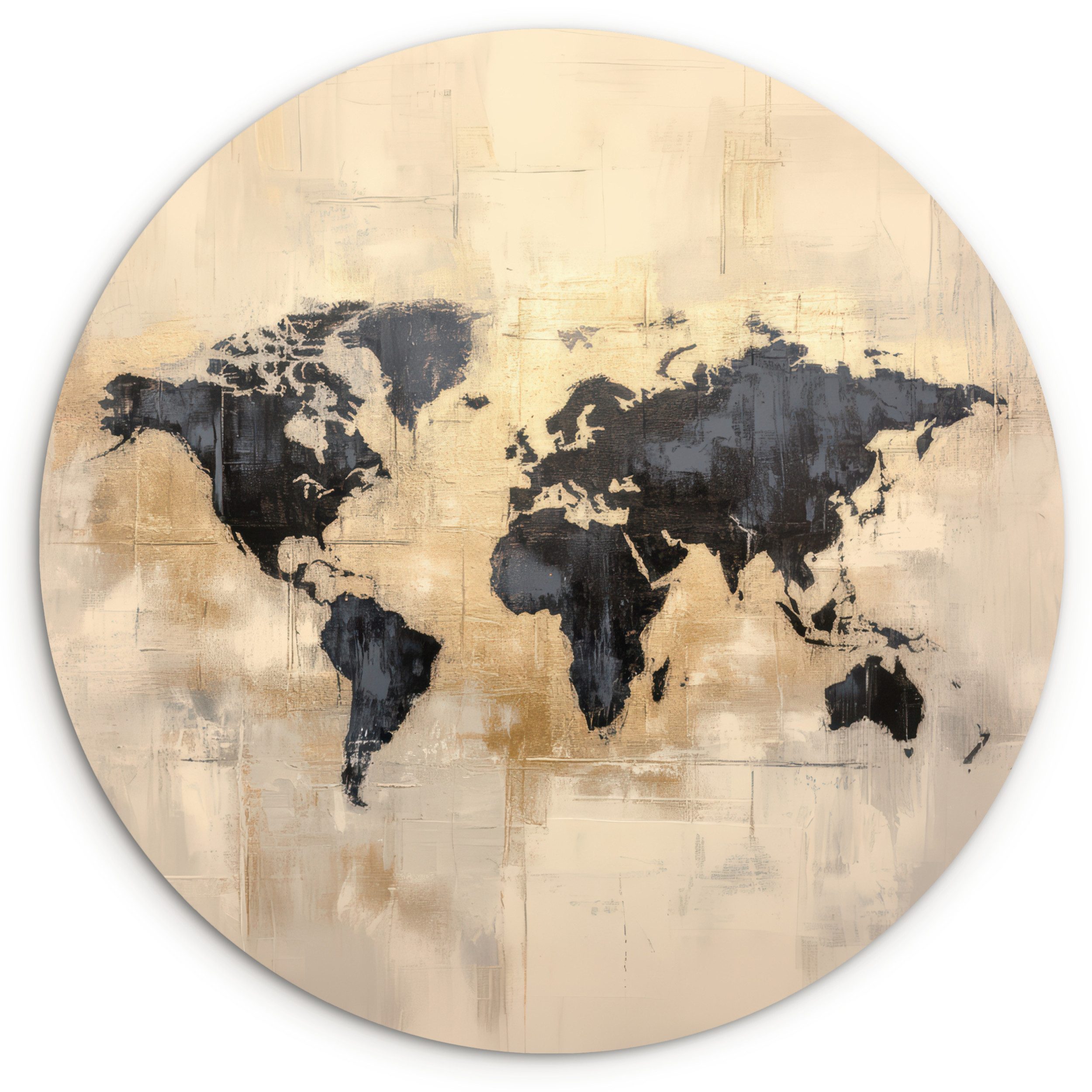 MuchoWow Gemälde Weltkarte - Gold - Schwarz - Abstrakt, Fotodruck (1 St), Kreis Wanddekoration, Rundes Wandbild, 30x30 cm