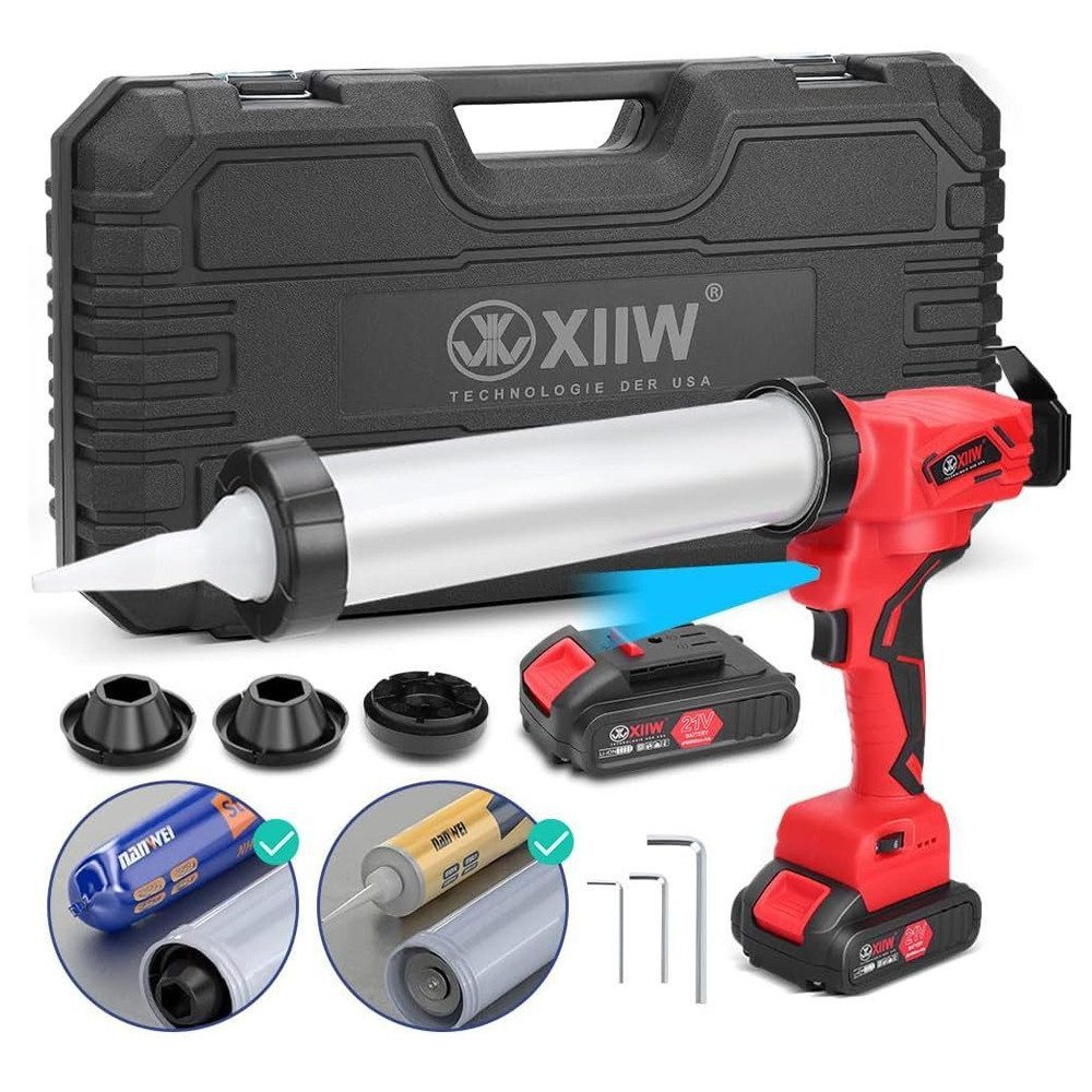 XERSEK Akku-Kartuschenpistole 500W Elektrische Kartuschenpresse mit 2 Akku (21V 2 Ah) Silikonspritze, (7840N mit LED, 0-32 mm/s, 6-stufig Einstellbar, für 600ml Wurst, 310ml Patrone,Silikonpistole), Montagekleber