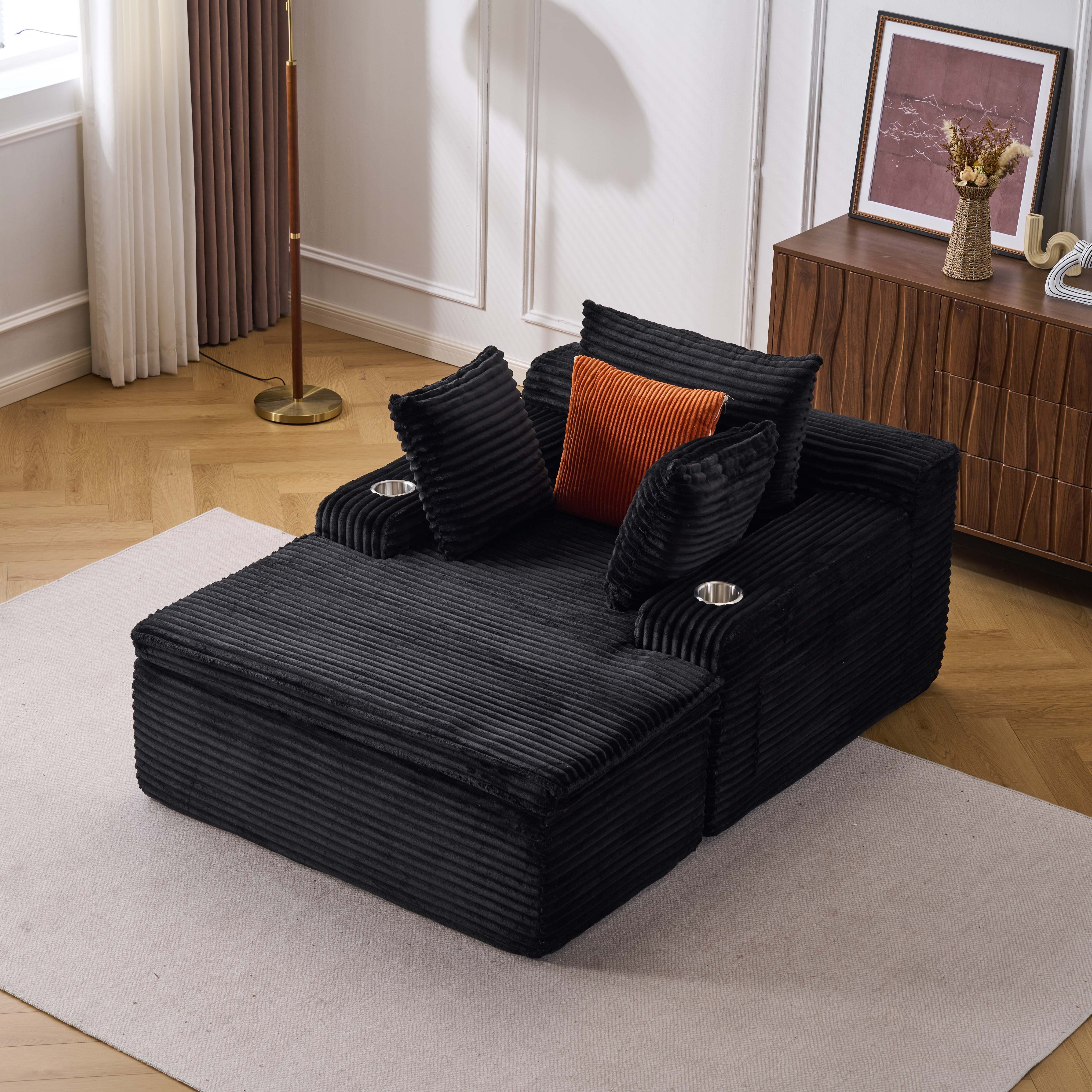 Vankel Sofa Sofas Wohnzimmer Schlafsofa Couch klein Cord Relaxsessel, Werkzeuglos, weich gepolstert mit Decken-Kissen & Getränkehaltern