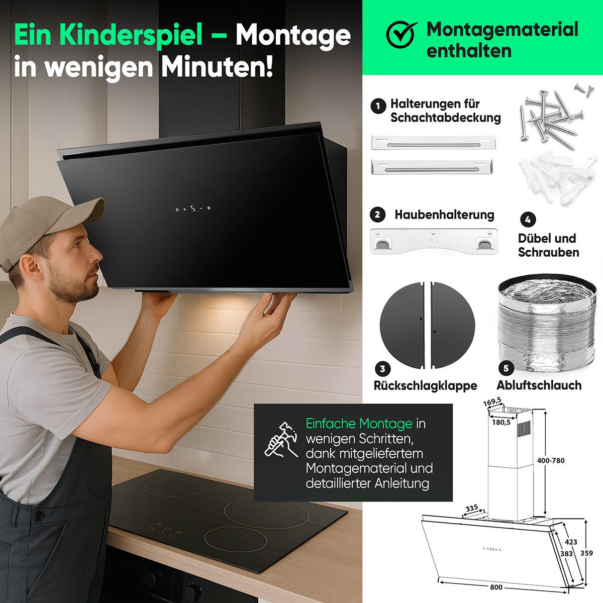 BOMANN Kopffreihaube DU 7612 G Dunstabzugshaube 80cm, für Umluft und Abluft – Bild 4 von 5