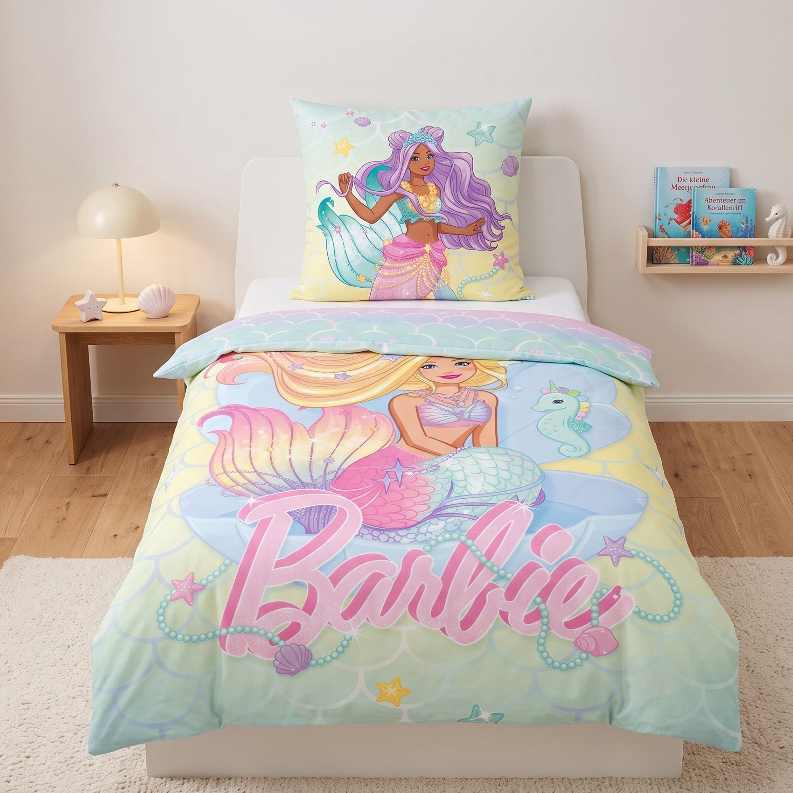 MTOnlinehandel Bettwäsche Barbie Meerjungfrau 35x200 cm, Wendemotiv für Mädchen, Mikrofaser, 2 teilig, Kinderbettwäsche in Pastell mit Muscheln, Seesternen & Seepferdchen