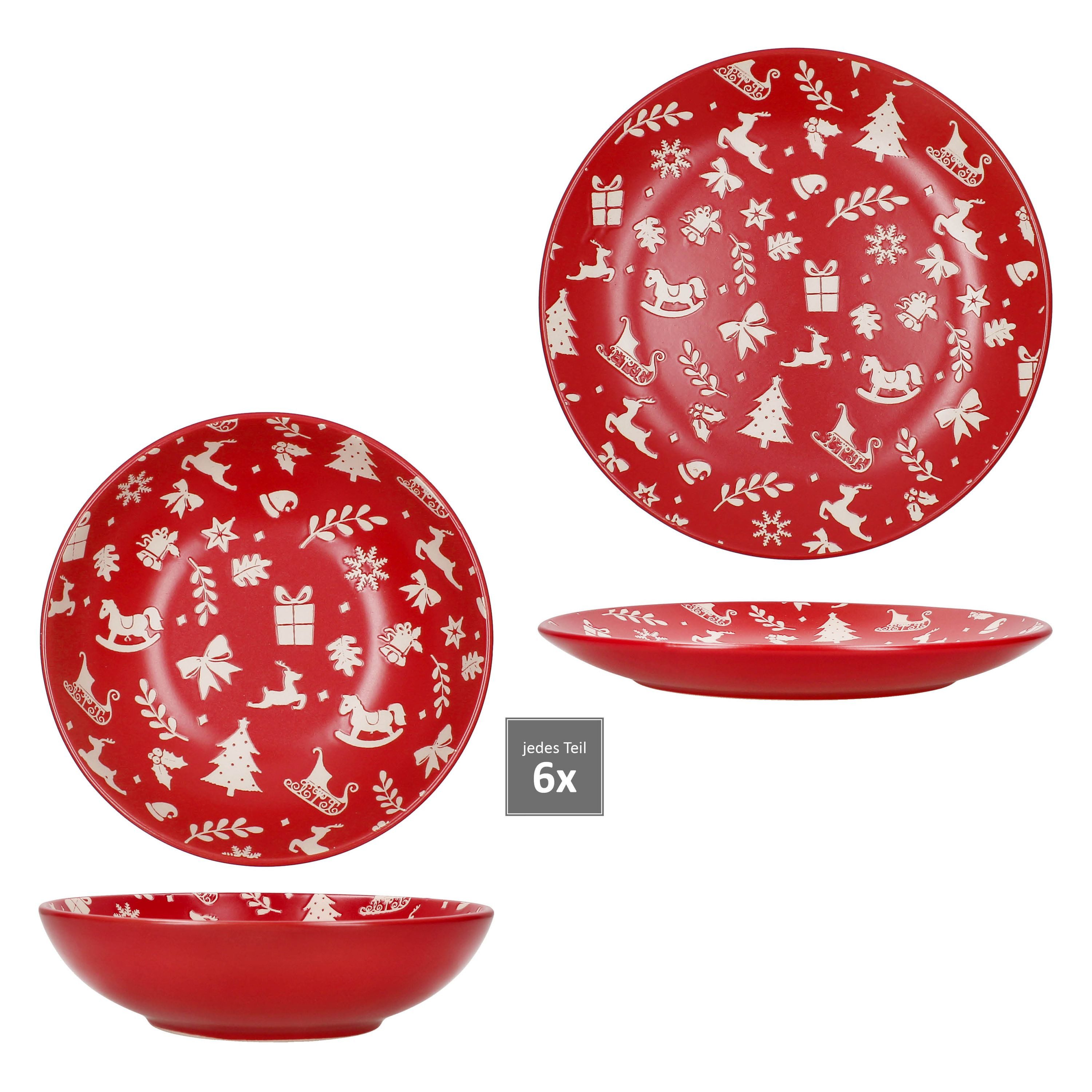 MamboCat Tafelservice 12tlg Tafelservice Advent 6Pers Essteller Suppenteller Rot Weihnachten, Steingut – Bild 4 von 5