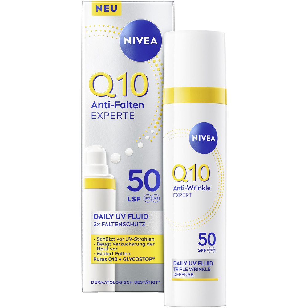 Nivea Gesichtsfluid Q10 ANTI-FALTEN EXPERTE DAILY UV-FLUID LSF 50, mit Anti-Aging-Wirkung, straffende Pflege, für alle Hauttypen geeignet