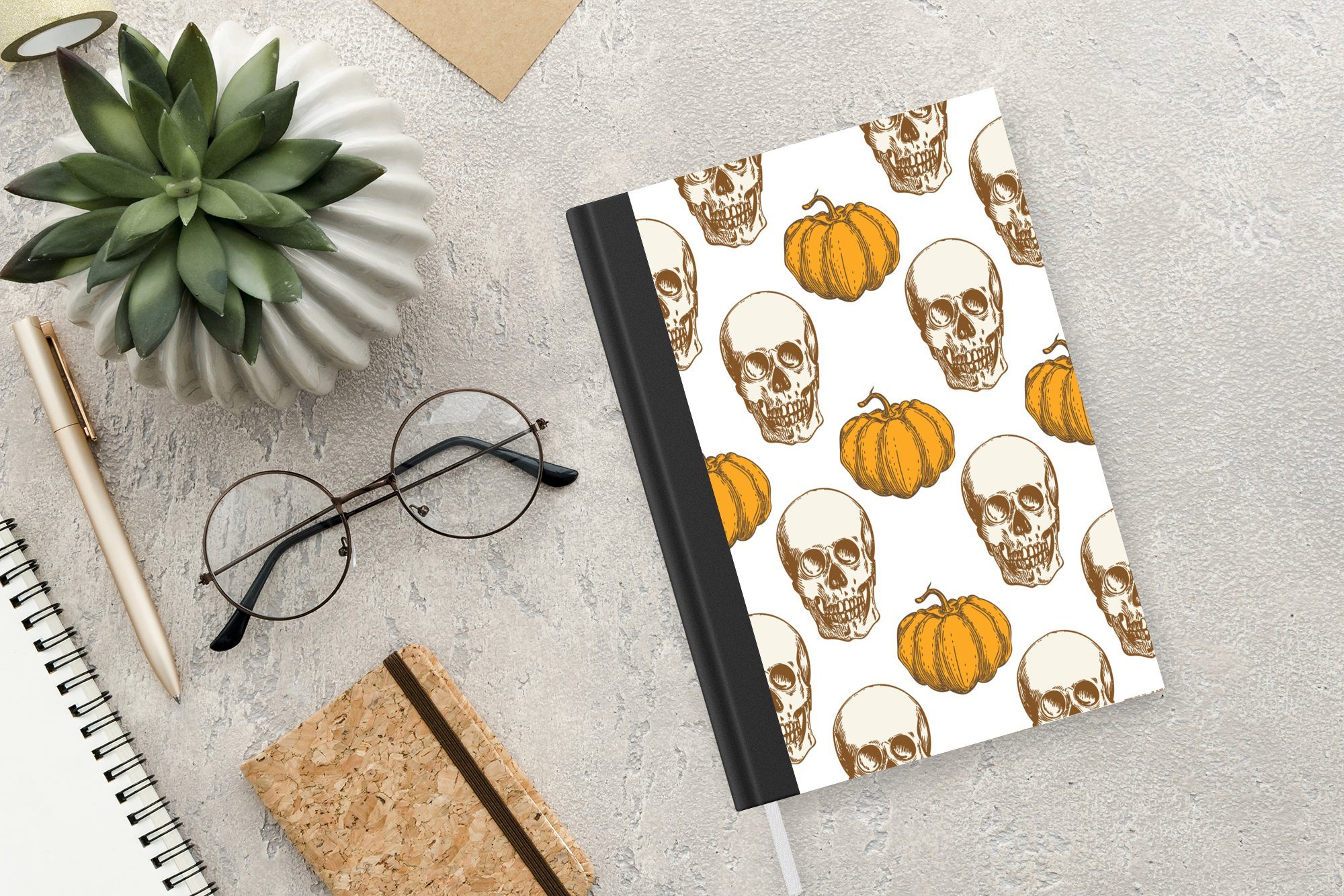 Halloween Merkzettel, - Notizbuch - Seiten, A5, Journal, MuchoWow Totenkopf, 98 Notizheft, Muster Tagebuch, Haushaltsbuch