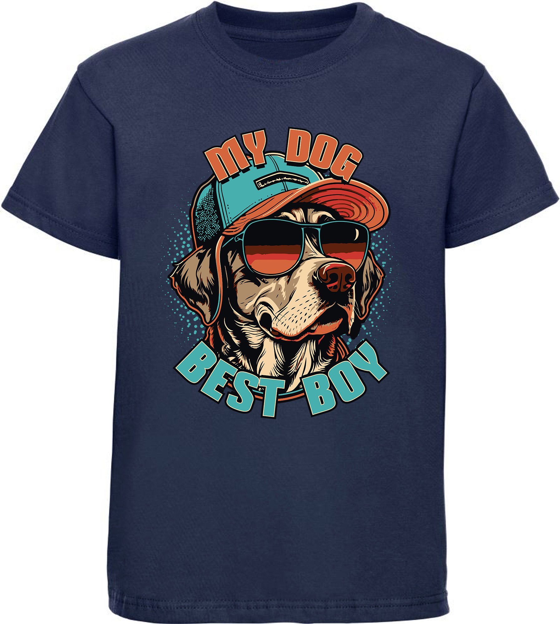 MyDesign24 Print-Shirt bedrucktes Kinder Hunde T-Shirt - Cooler Hund mit Cap Baumwollshirt mit Aufdruck, i225 navy blau | T-Shirts
