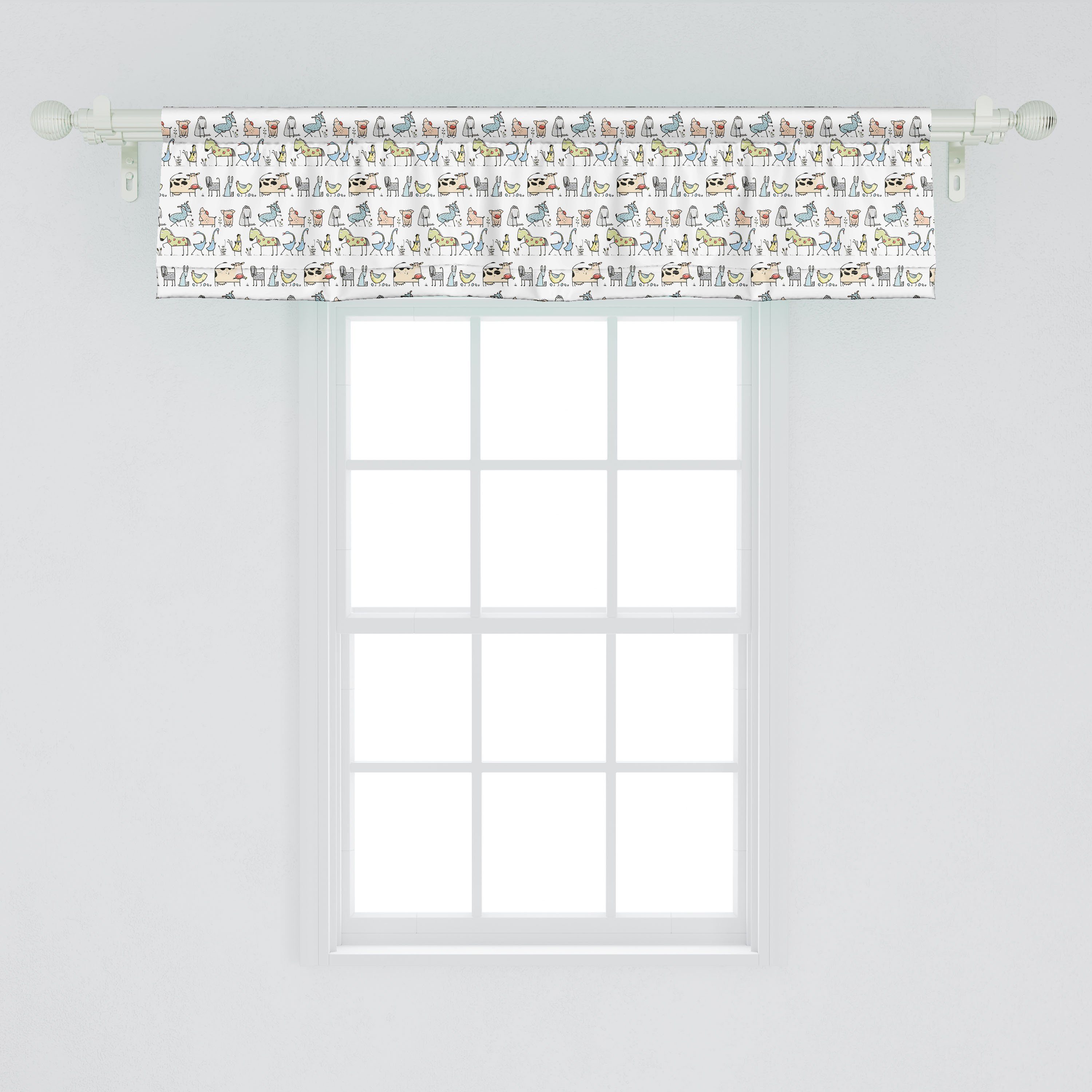 Scheibengardine Vorhang Volant für Küche Dorf Abakuhaus, Microfaser, Dekor Schlafzimmer Cartoon Retro Stangentasche, Tiere mit