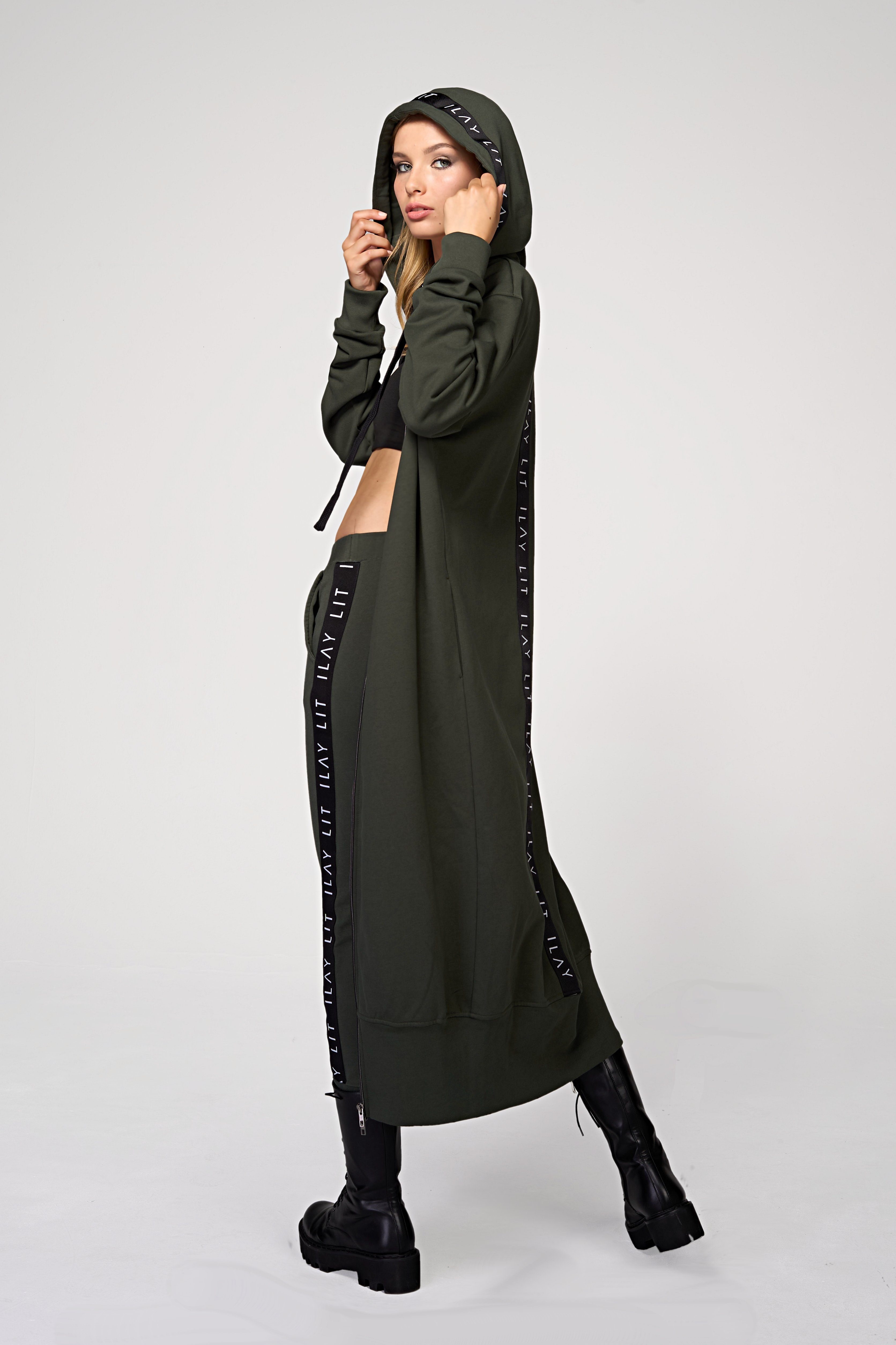 ILAY Lit Kapuzensweatjacke Long Coat-Olive-Lässiger Hoodiemantel im Urban Style Kapuze mit Tunnelzug und Labelband