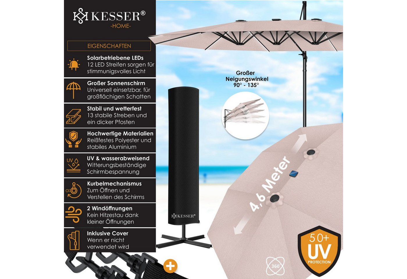 Thumbnail - KESSER Sonnenschirm, Sonnenschirm Doppelsonnenschirm 4,6m x 2,7m Ampelschirm
