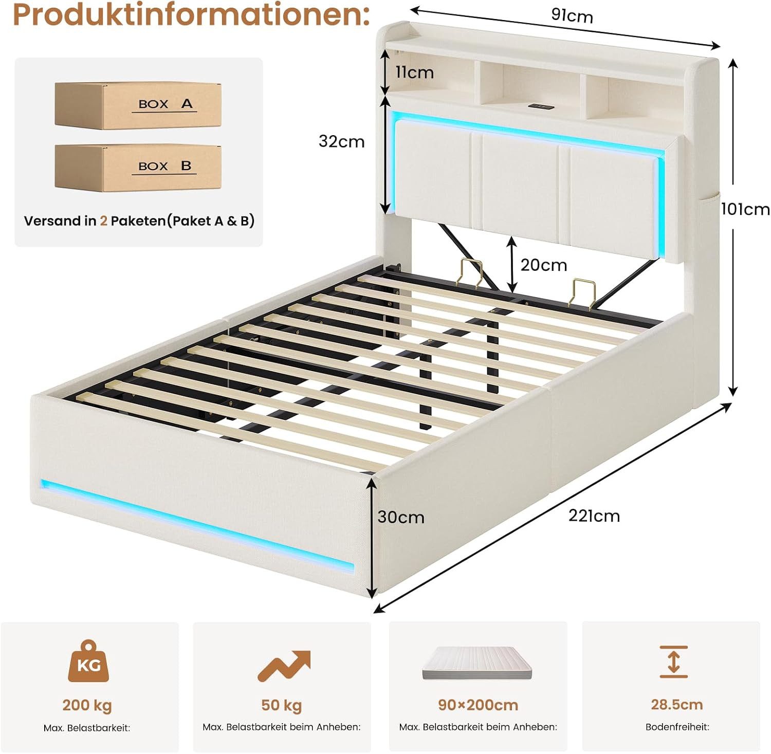 MSMASK Polsterbett 90x200 cm mit LED Beleuchtung & Hydrauliksystem Kopfteil Stauraum (1-tlg), mit LED Beleuchtung, USB & Hydrauliksystem Kopfteil Stauraum