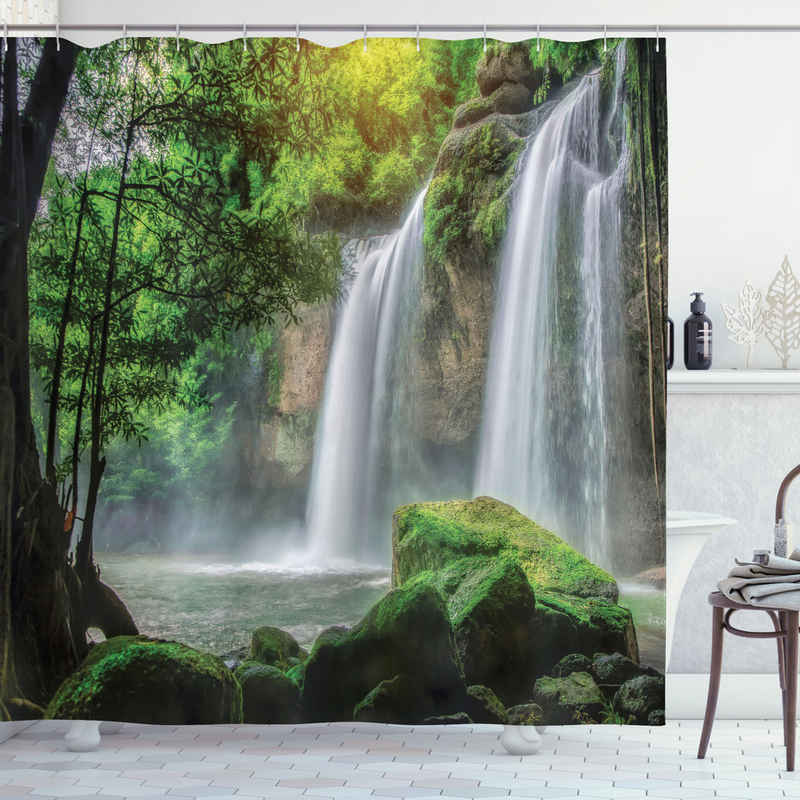 Abakuhaus Duschvorhang Moderner Digitaldruck mit 12 Haken auf Stoff Wasser Resistent Breite 175 cm, Höhe 180 cm, Grün Wasserfall Natur Exotic