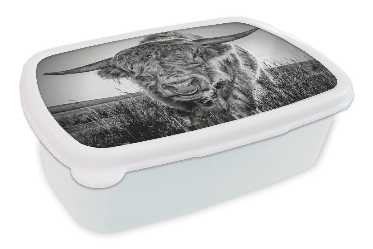 MuchoWow Lunchbox Schottischer Highlander - Schwarz und Weiß, Kunststoff, (2-tlg), Brotbox für Kinder und Erwachsene, Brotdose, für Jungs und Mädchen