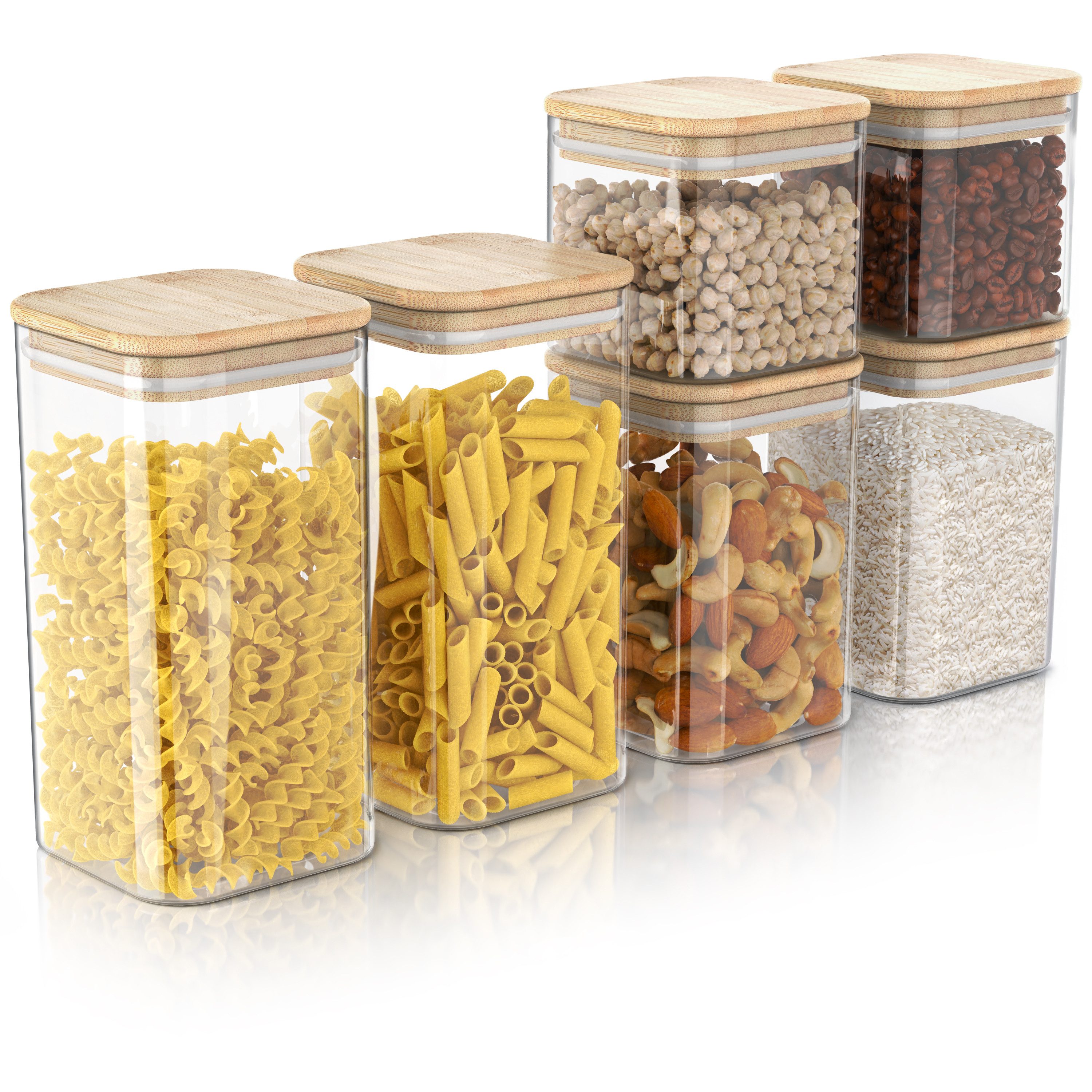 Arendo Aufbewahrungsbecher Glasbehälter 2x 2L, 2x 1,5L & 2x 1L Borosilikat Bambusdeckel luftdicht, Borosilikatglas, Bambus, Silikon, (Vorratsbehälter-Set, 6-tlg., 6er Set), Hitzebeständig, umweltfreundlich, langlebig, mikrowellengeeignet