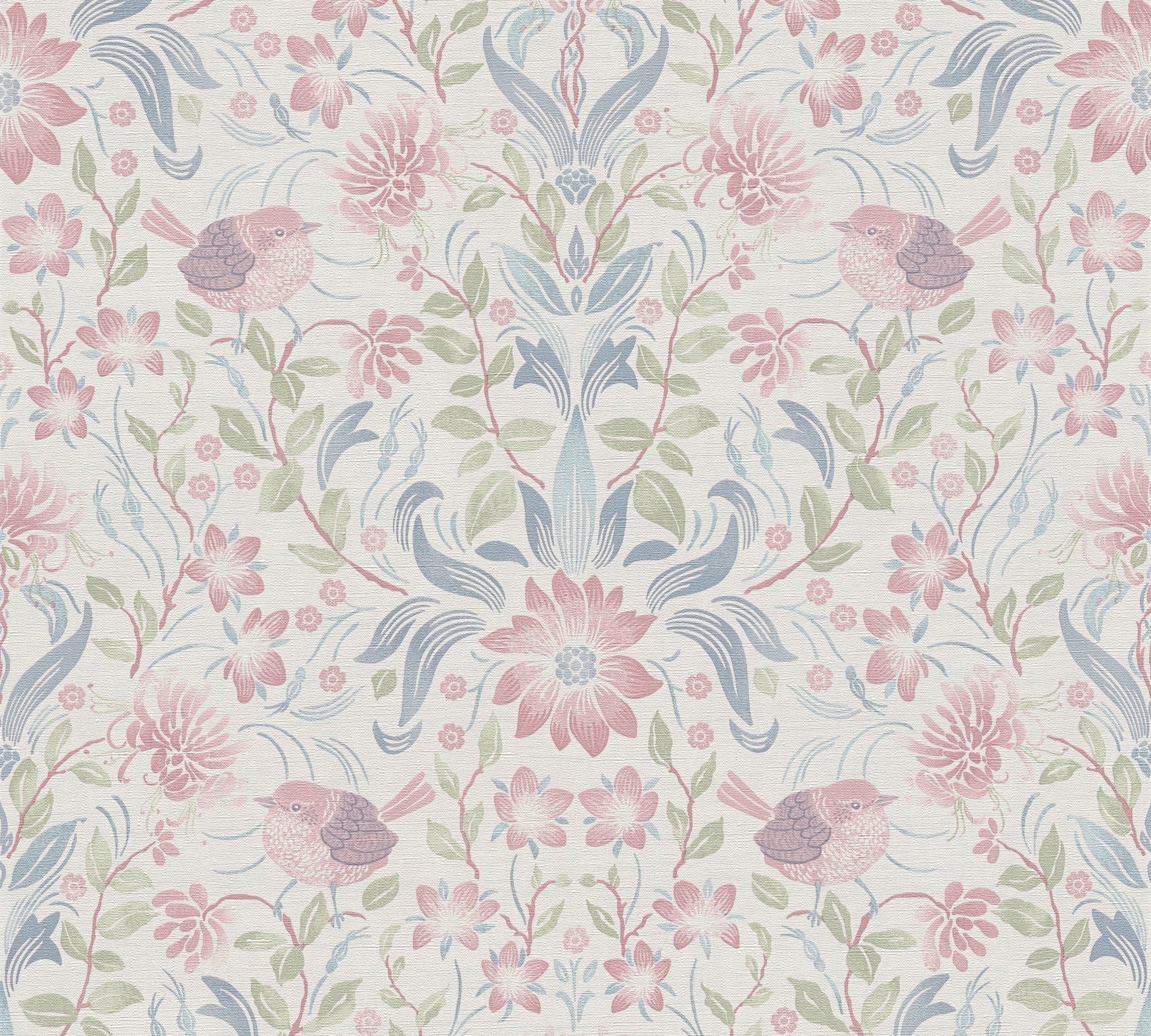A.S. Création Vliestapete Landhaustapete mit Vögeln, leicht strukturiert, matt, gemustert, neutral, (1 St), Florale Tiertapete Tapeten Wohnzimmer Schlafzimmer Küche Design Optik