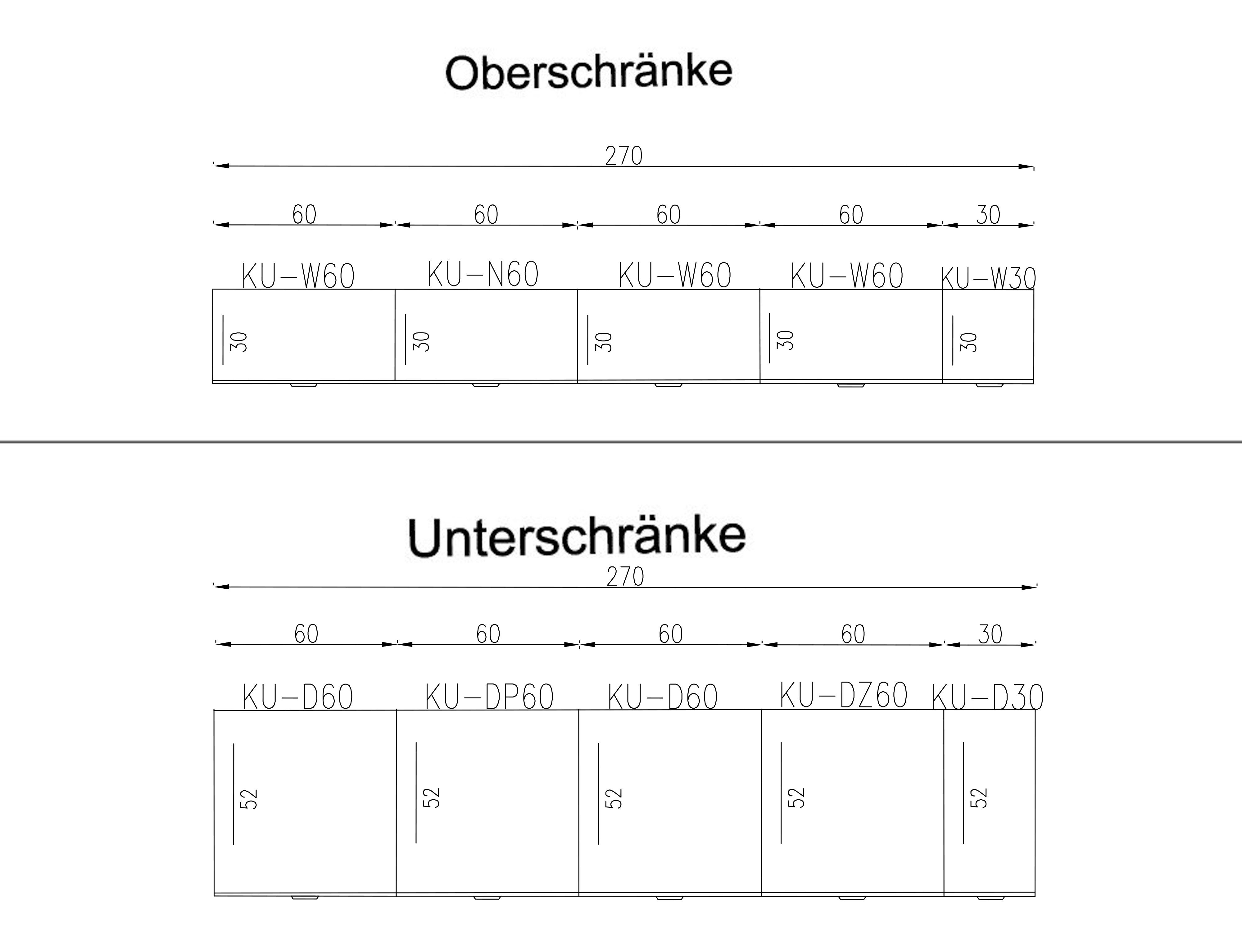 ROYAL24_MARKT Küchenzeile – 270 cm – Lunara – Ohne Arbeitsplatte & Elektrogeräte, (Set), Feinste Qualität - Modern - Zeitlos