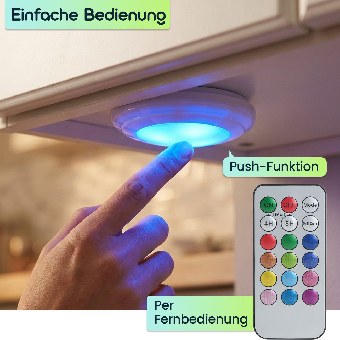 shop'n smile ideoon LED Unterbauleuchte 4er LED Push-Lichter Schrankleuchten Dimmbar Timer & Fernbedienung RGB, LED, Farbwechsel (12 Farben)/selbstklebend/3 LED – Bild 3 von 5