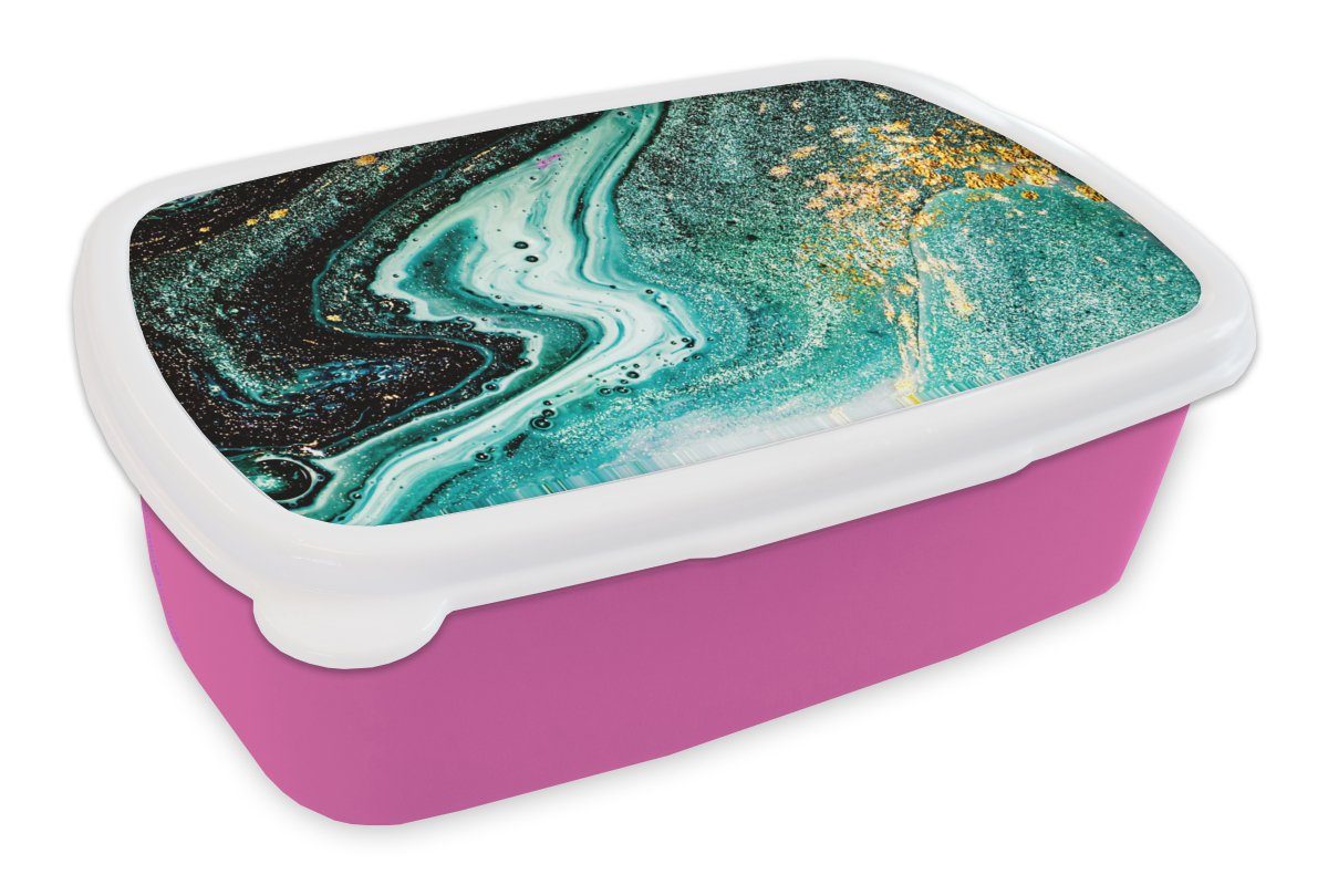 MuchoWow Lunchbox Marmoroptik - Blau - Gold - Glitzer - Luxus - Marmor, Kunststoff, (2-tlg), Brotbox für Erwachsene, Brotdose Kinder, Snackbox, Mädchen, Kunststoff rosa