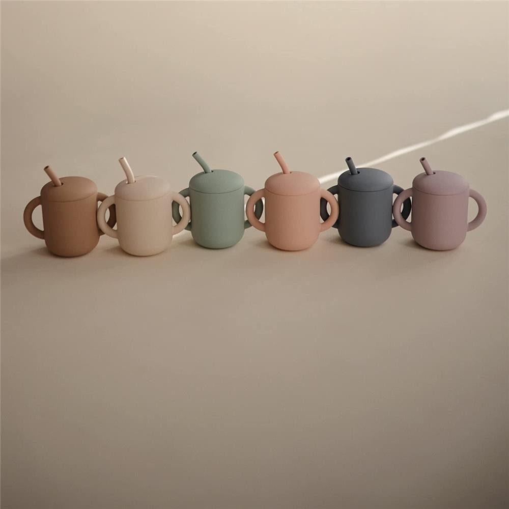 Mushie Kinderbecher Training Cup + Straw, Silikon, Trinklernbecher Trinkhalm Kleinkinder ab 6 Monaten rosa